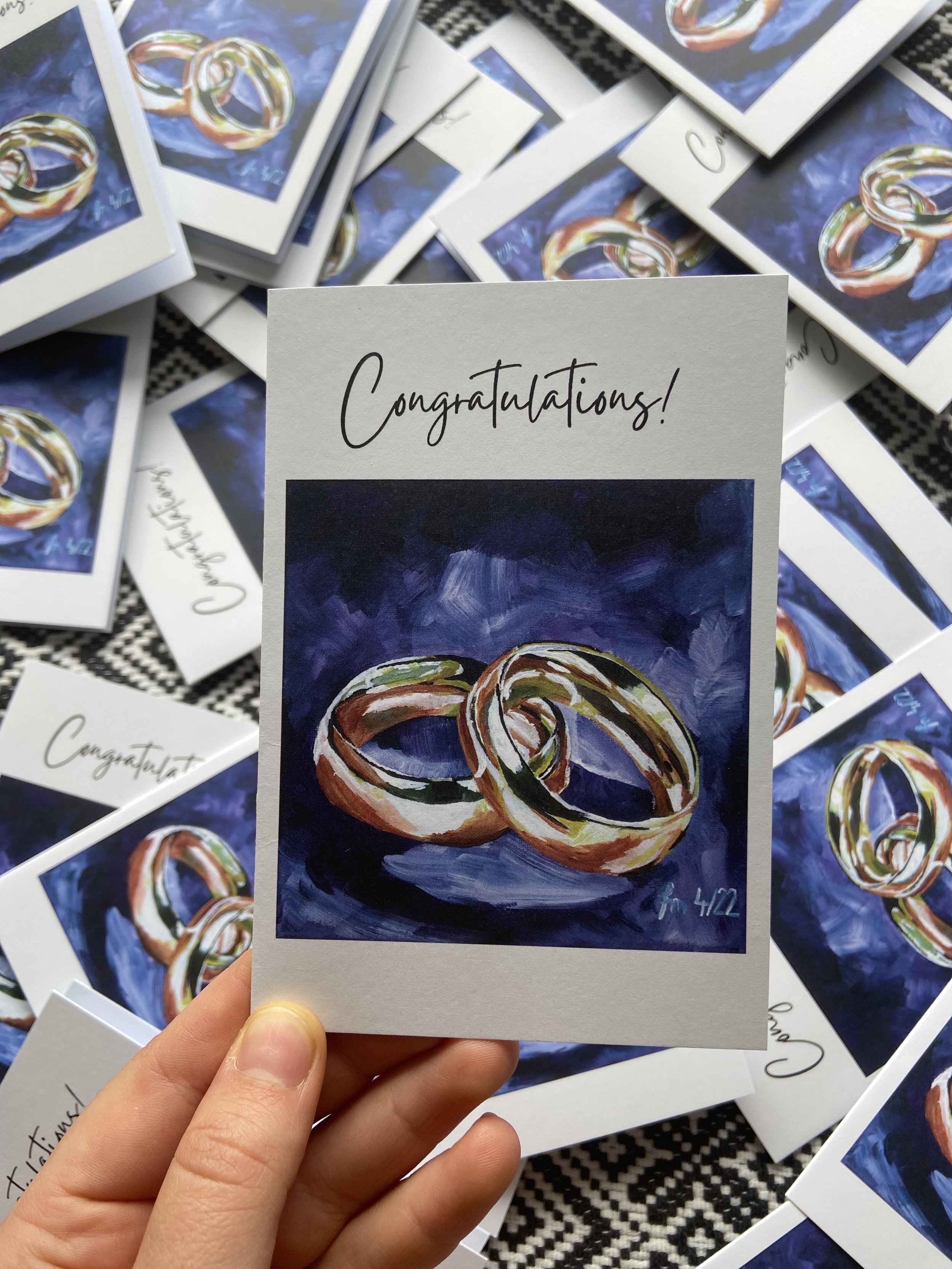Buy this "Congratulations" greeting card as a perfect wedding or engagement gift for loved ones. Original painting created by artist Franziska Meszar Art