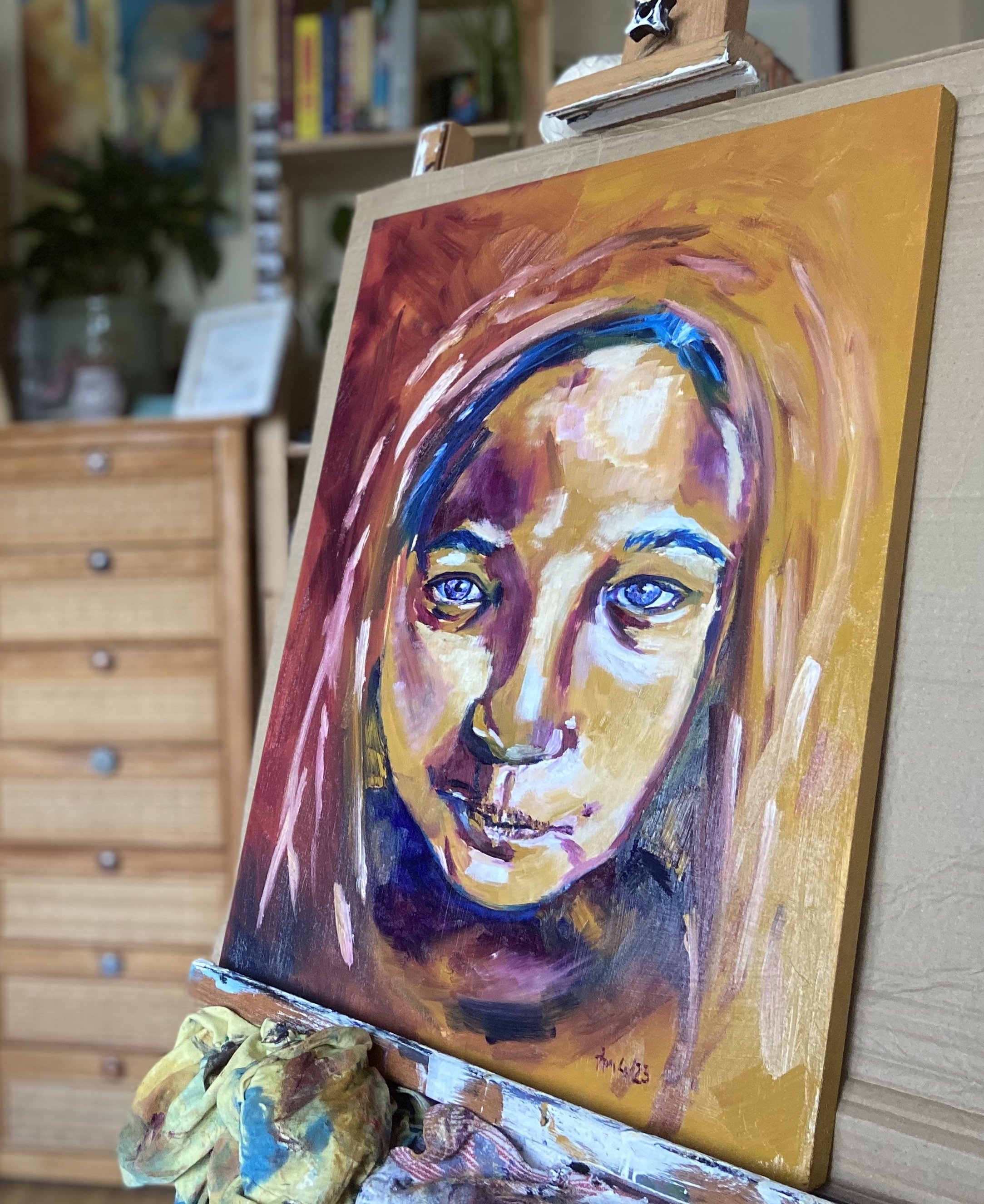 "Glow" Original Painting by Nottingham based artist Franziska Meszar Art. This portrait artist creates oil paintings that pull you in with their colour vibrancy and brushstroke texture.