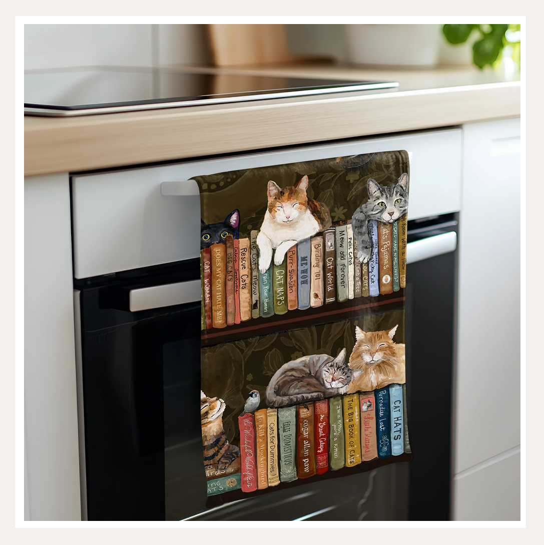 Cats on Books Tea Towel