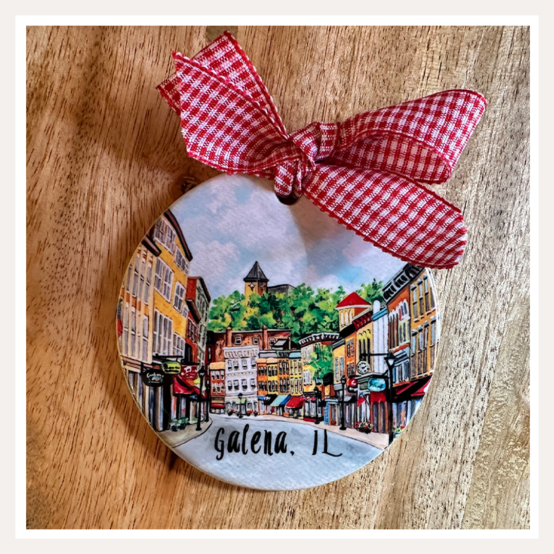 Galena, IL Downtown Ornament with Gingham Ribbon