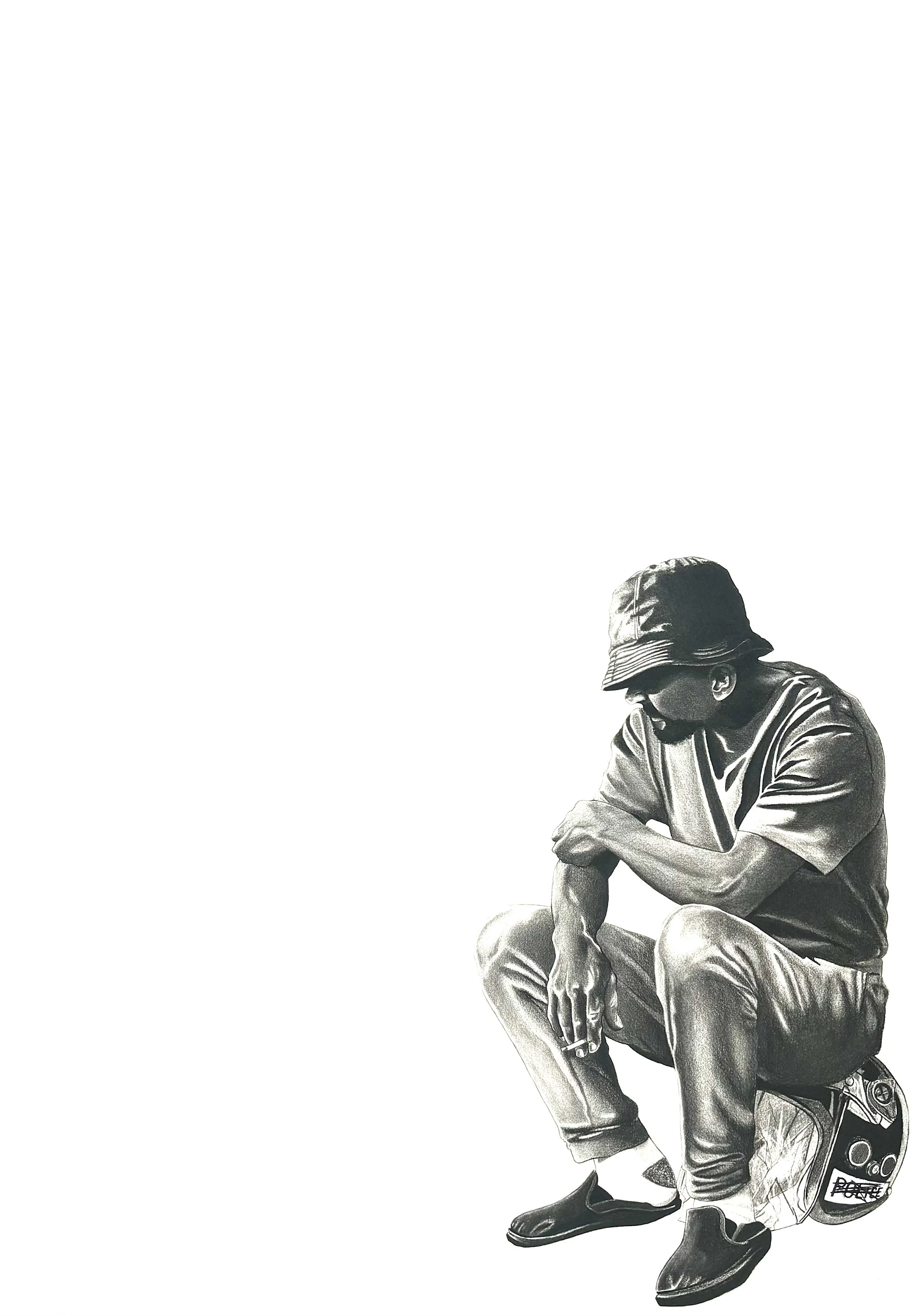  Rebellion's Calm , 2024,
3ft x 4ft,
Charcoal on paper, stretched on wood panel