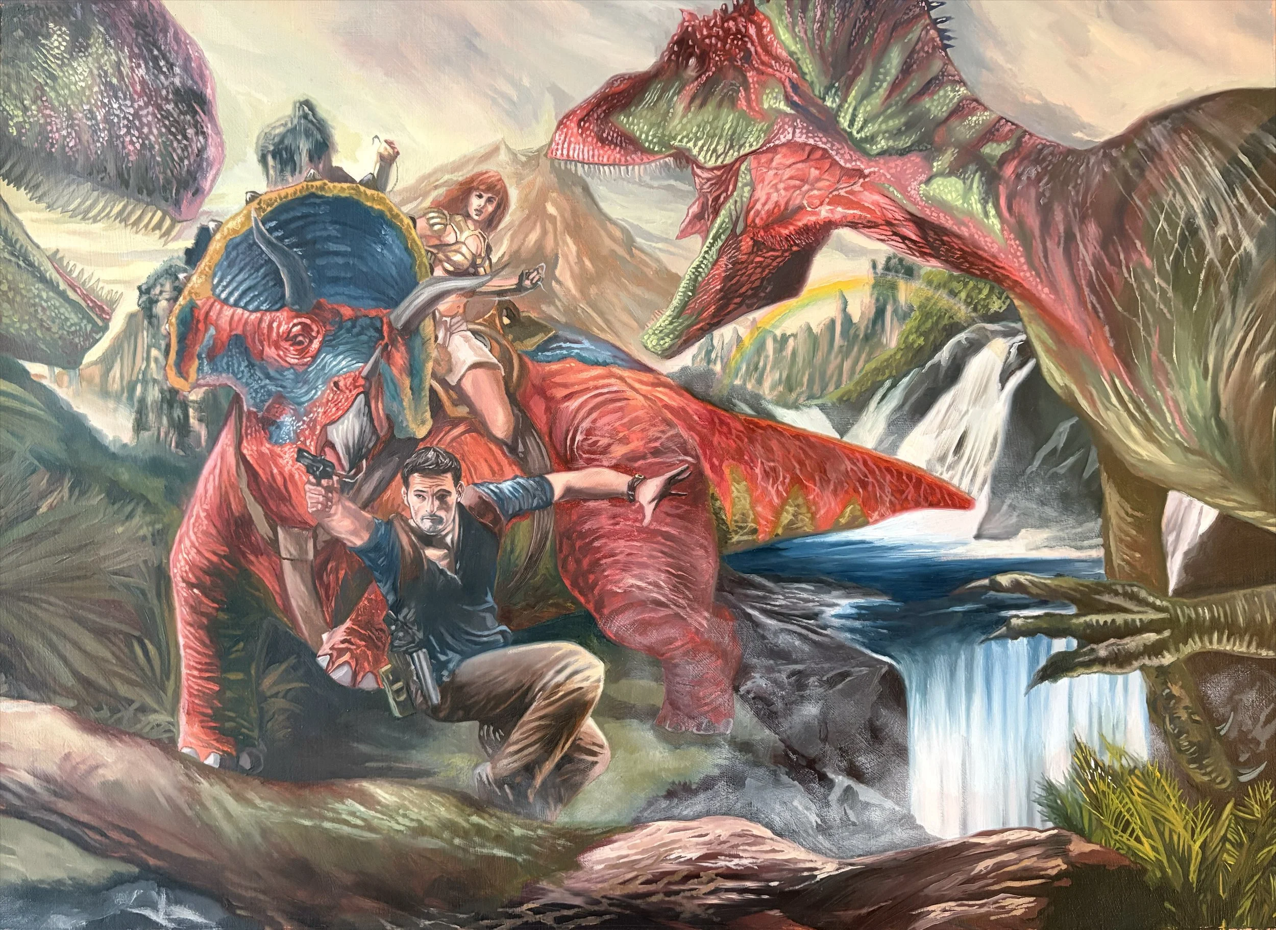 "Dinosaur Attack" - Oil on Canvas Paper