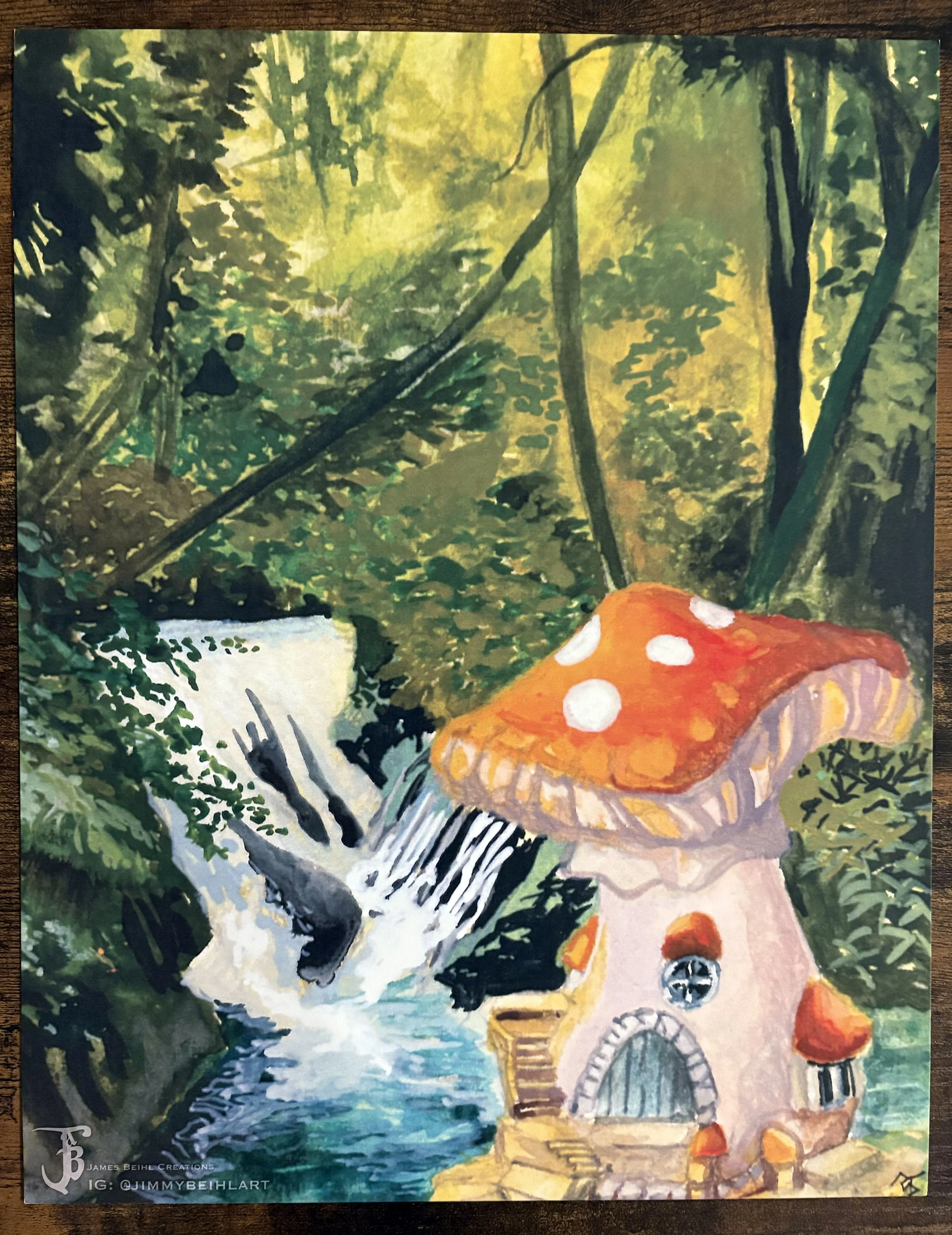 Waterfall Mushroom House Print