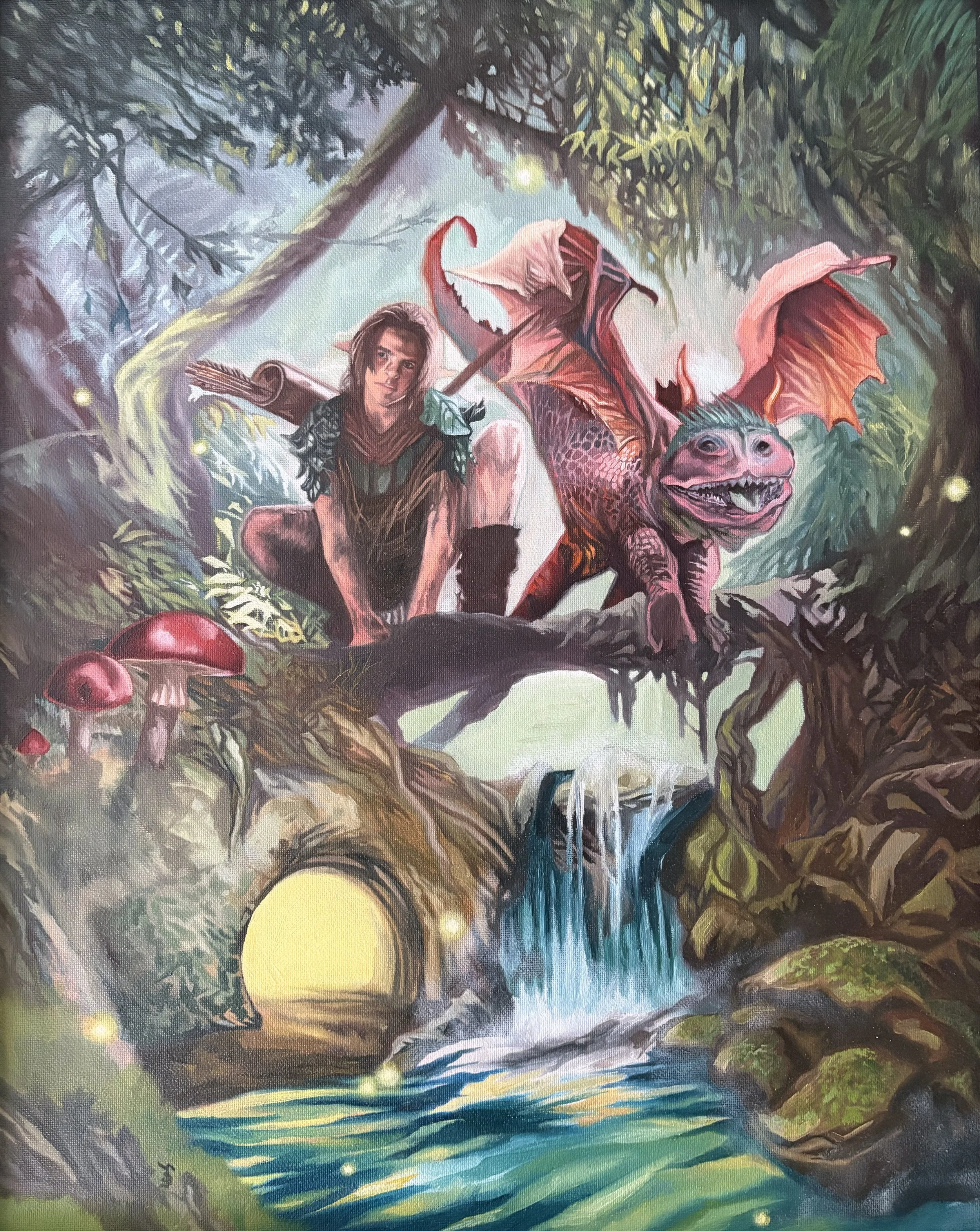 "Fairytale Forest with Pug Dragon", Oil on Canvas