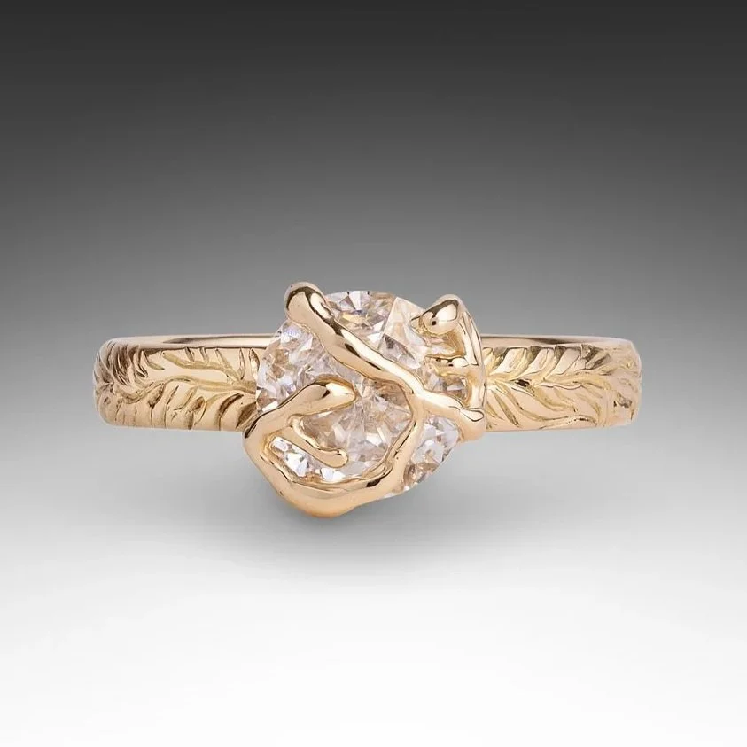 Mycelium and moissanite ring in 14k gold