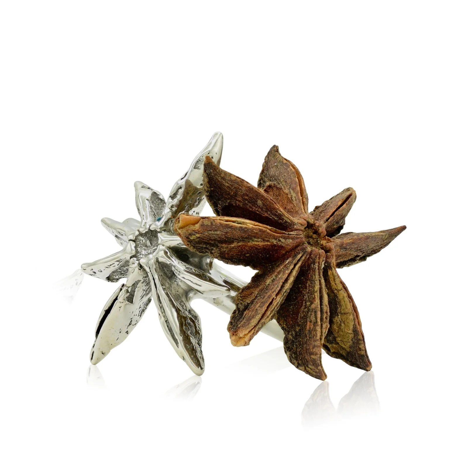 Star anise seed pod next to a similar casting of a star anise pod in sterling silver.