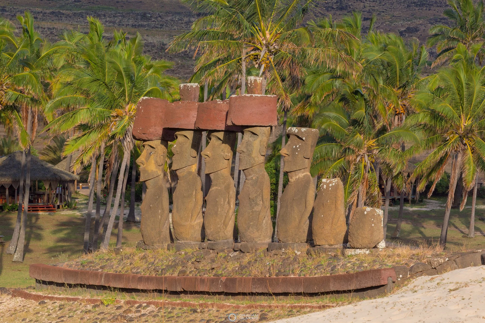 Ancient Moai statues surrounded by palm trees at Ahu Anakena on Easter Island