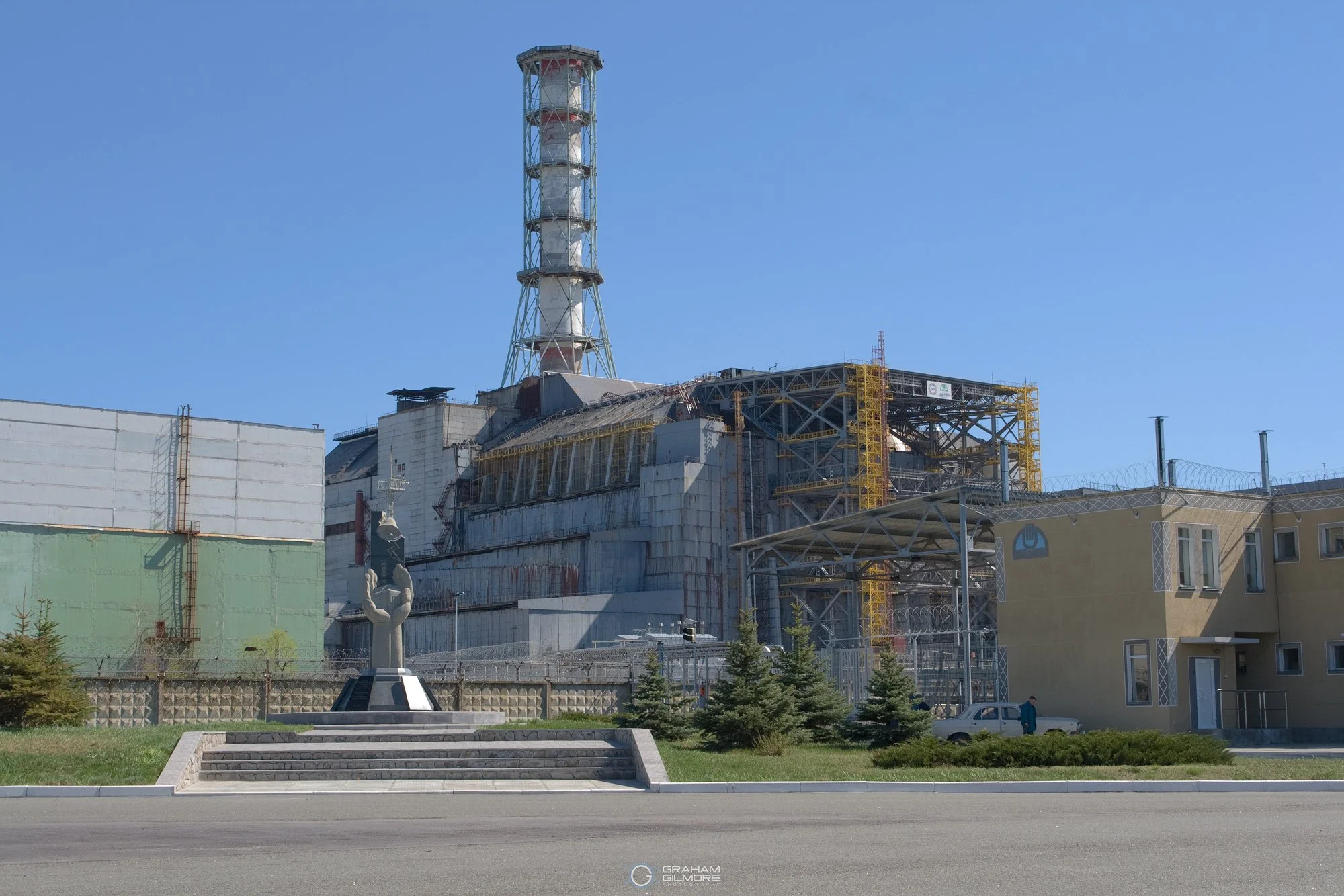 Chernobyl reactor 4 and original sarcophagus viewed from close range in the exclusion zone
