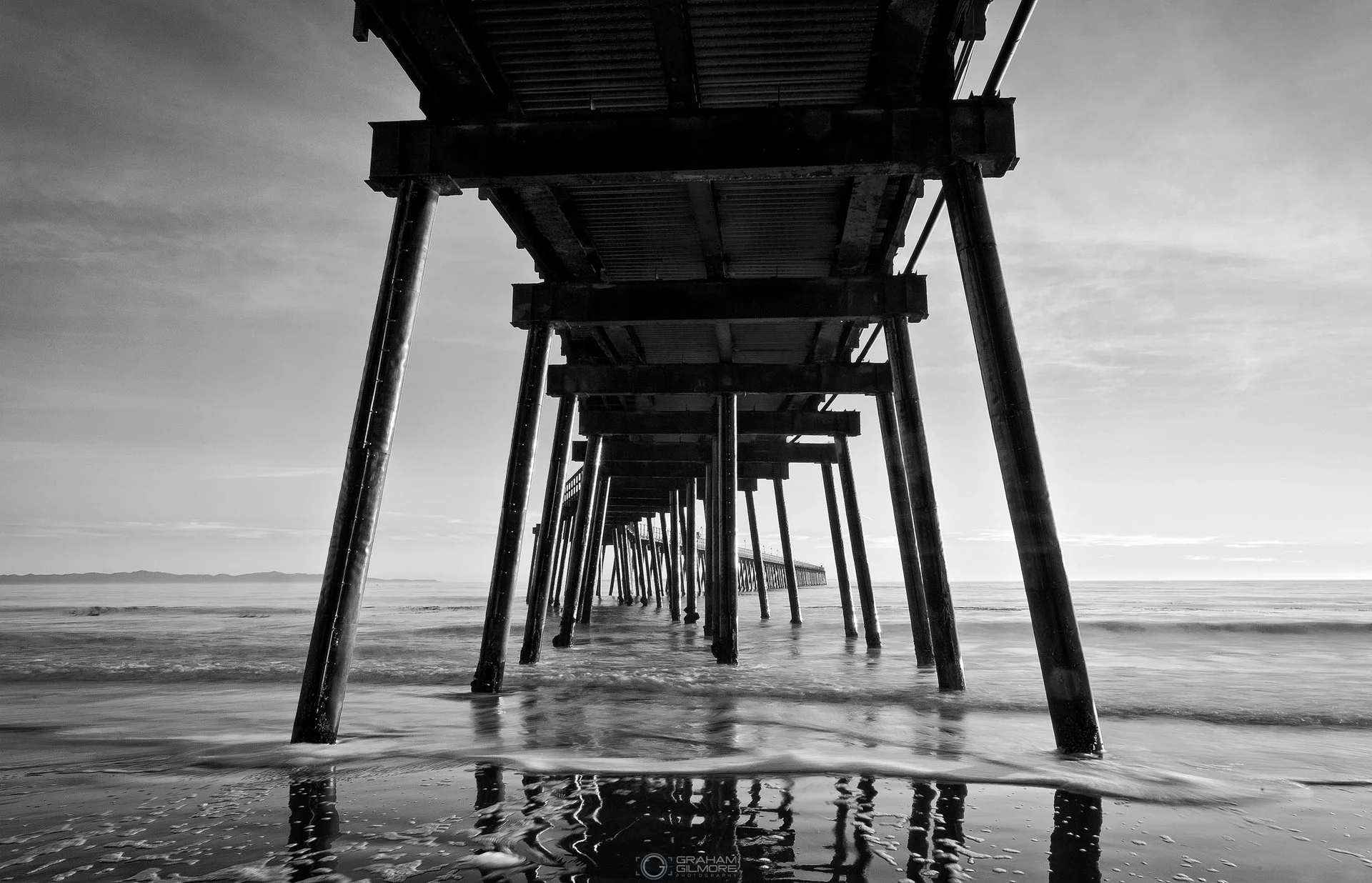 Ellwood Pier at Sunset in California Black and White.jpg
