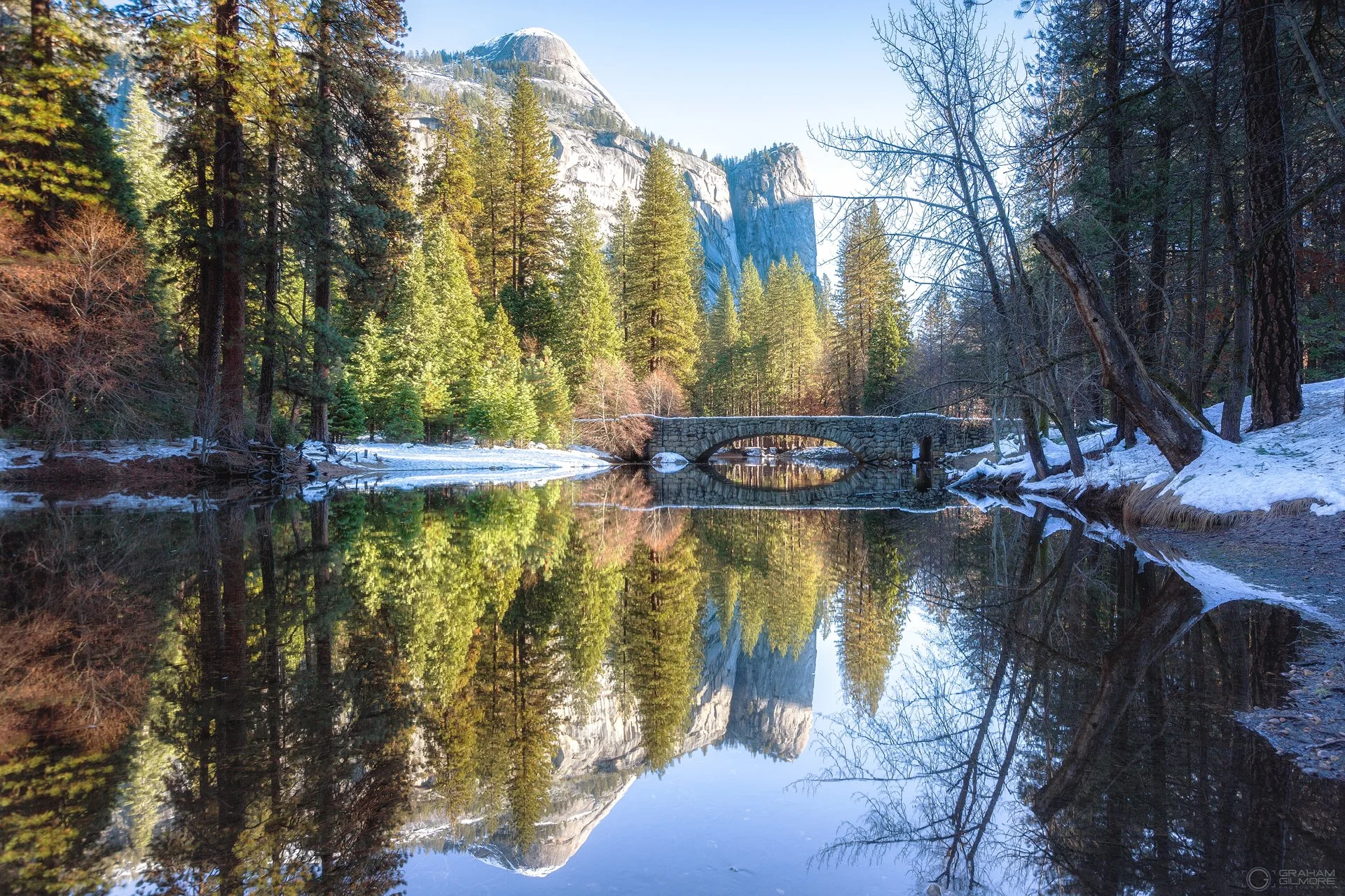 Yosemite Bridge Snow Sunrise Mirror Reflection.jpg