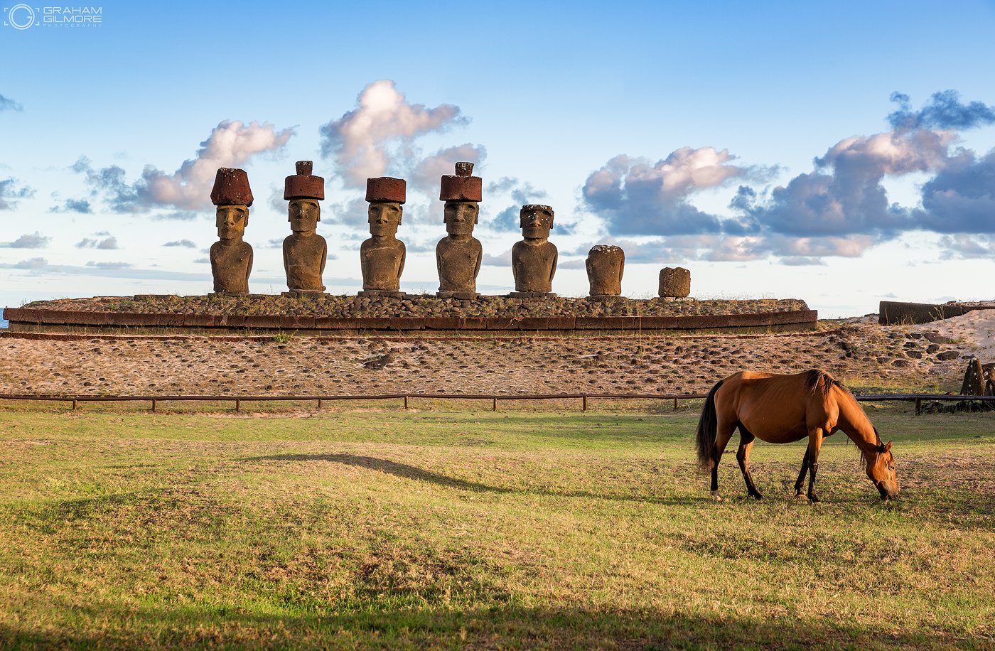 Easter Island Rapa Nui Moai at Sunrise Wild Horse and Clouds.jpg