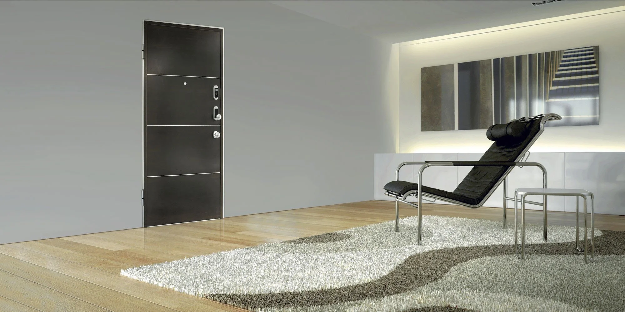 Interno moderno minimalista con una poltrona nera in metallo, un tappeto beige e un grande quadro astratto alla parete.