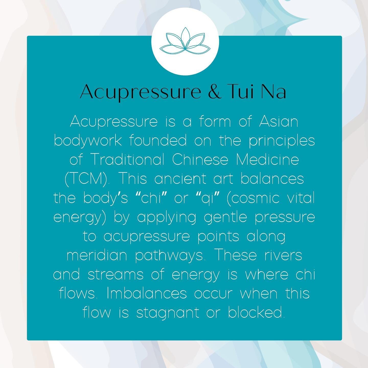 What is Acupressure and Tui Na? 

Acupressure is a form of Asian bodywork that balances the body&rsquo;s &ldquo;chi&rdquo; or &ldquo;qi&rdquo; (cosmic vital energy) by applying gentle pressure to acupressure points along meridian pathways. 

Unbalanc