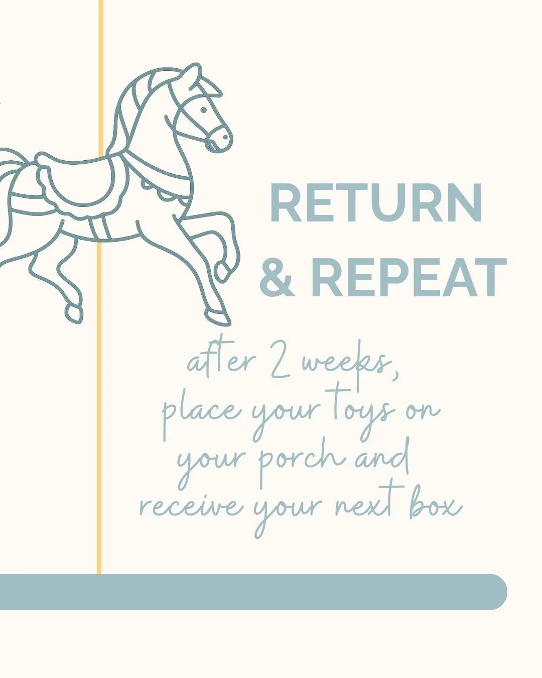 Illustration of a rocking horse with text instructions on returning toys, saying 'Return & Repeat after 2 weeks, place your toys on your porch and receive your next box.'