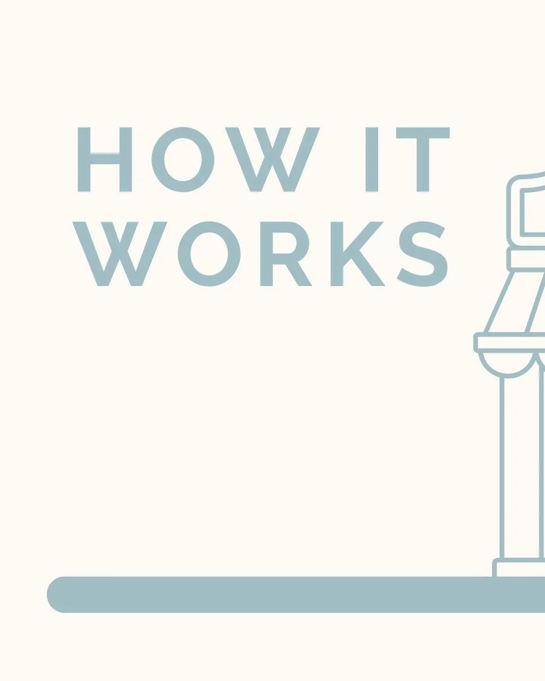 minimally designed graphic with the words 'How It Works' and an illustration of a ticket booth on the right side.