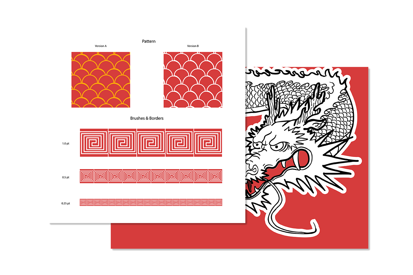 A white dragon with a black outline is placed on a red background. Slight drop shadow. Above that image is a swatch of patterns that resemble fish scales and geometric shapes.