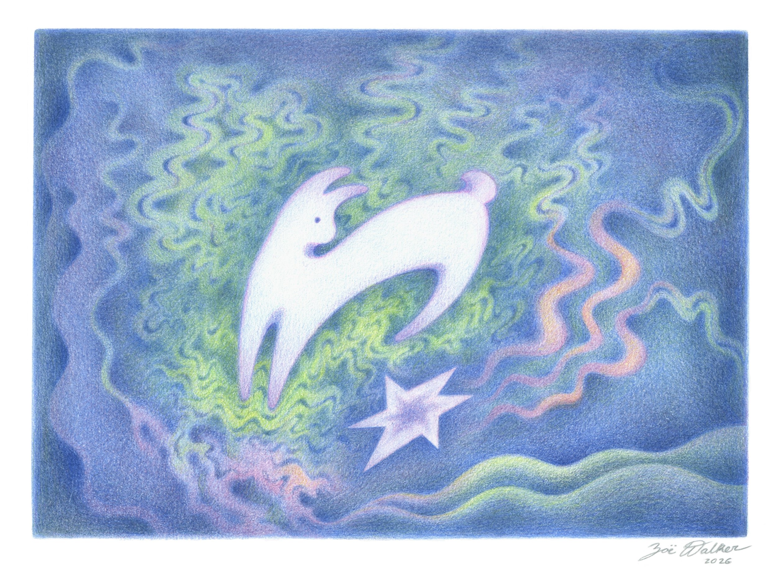 The Star Chaser, 2026, colored pencil on paper