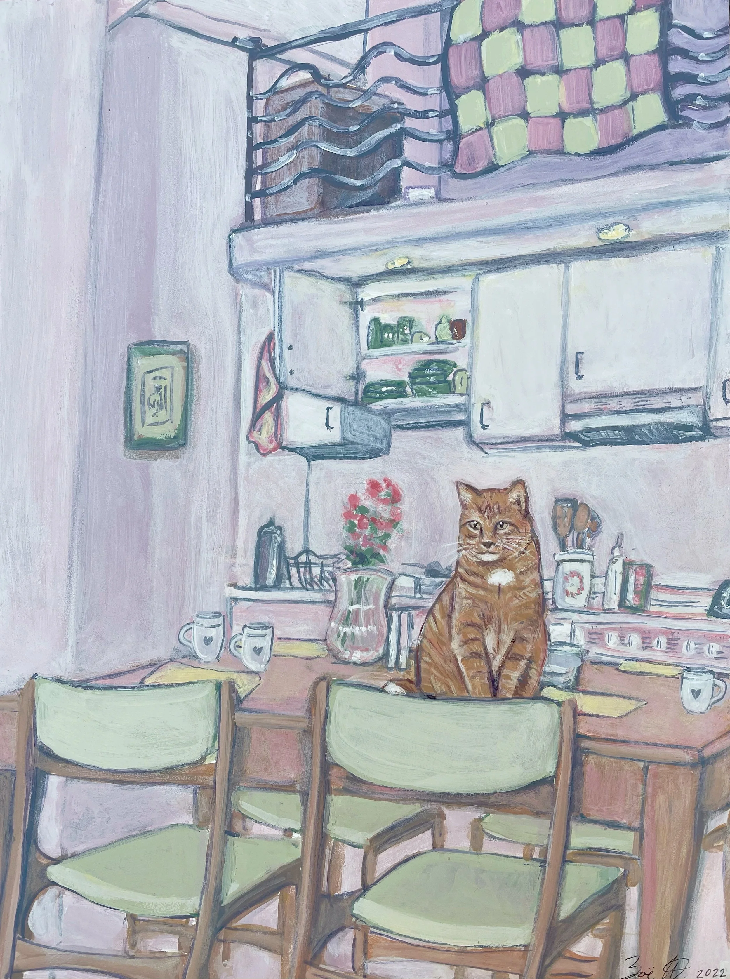 Kitchen, 2022, acrylic gouache on wood, 9 x 12 in.