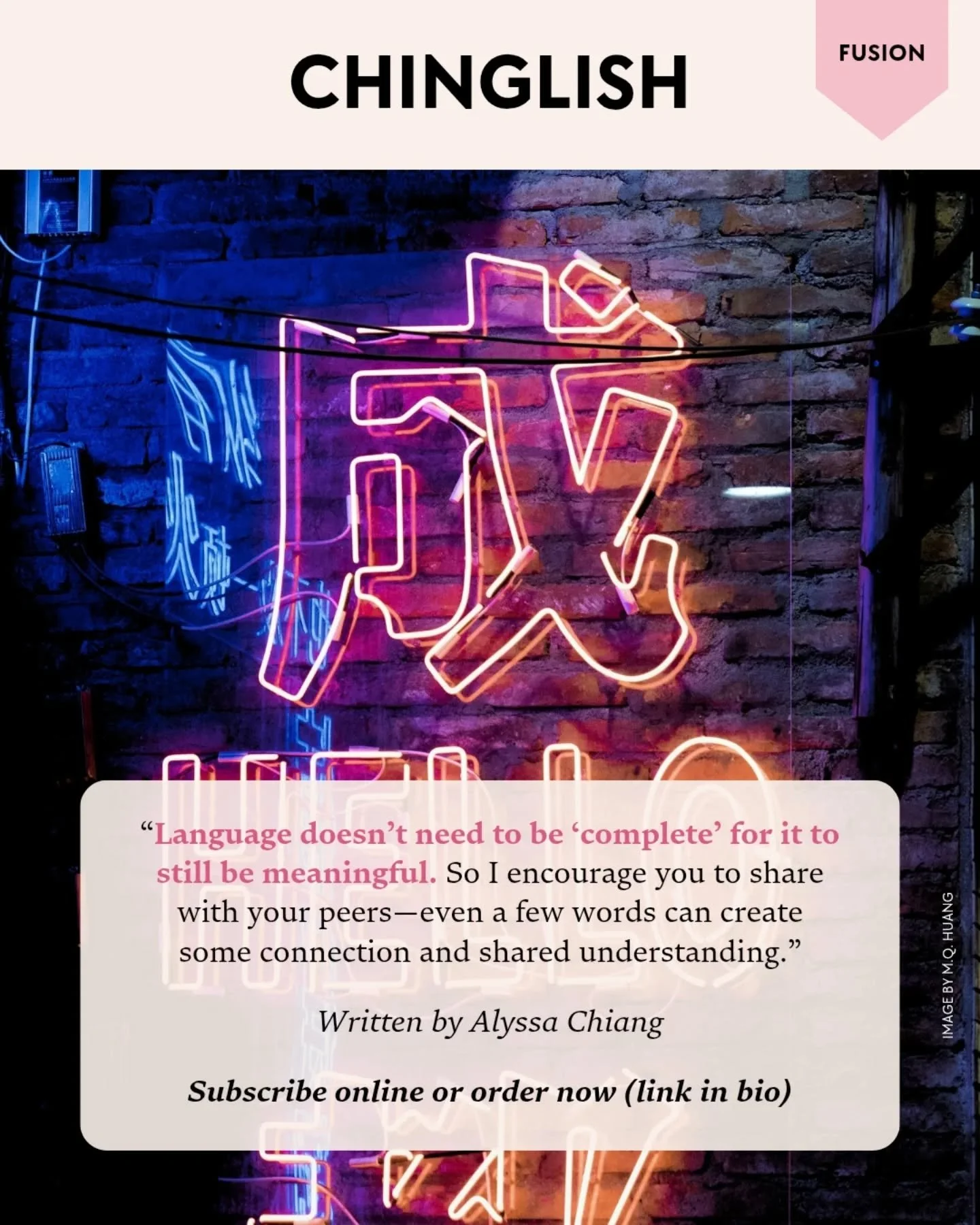 For @alyssaaa5168, mixing Mandarin and English isn&rsquo;t just casual speech &mdash; it&rsquo;s identity, connection, and self-expression. In &ldquo;Chinglish&rdquo;, she reflects on the comfort and beauty of letting two languages intertwine dependi