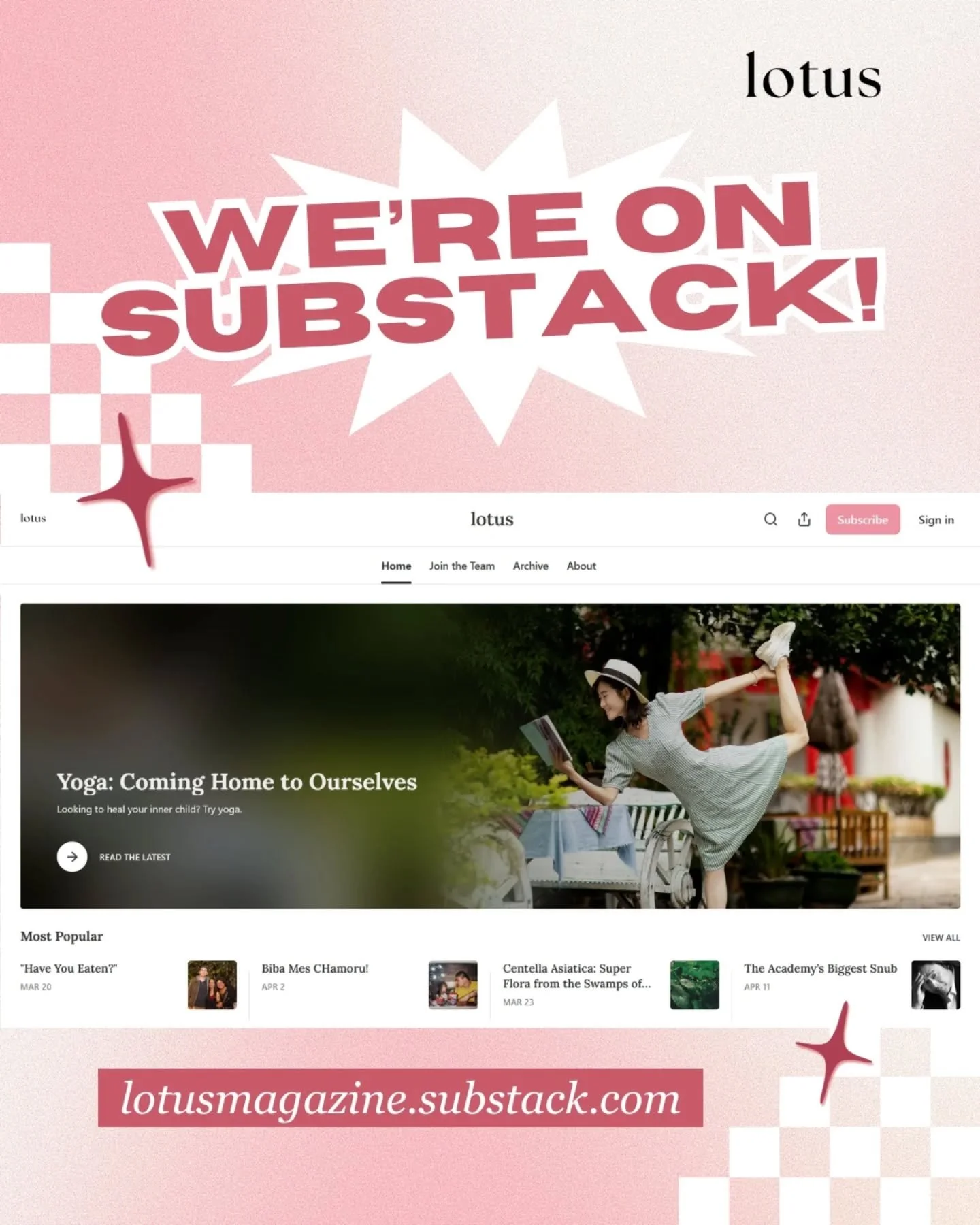 We're on Substack now! 🪷 And we think you should follow us there.

Here's why: the moment we publish a new article, you'll get notified &mdash; no algorithm, no missing out, just Lotus straight to your inbox or app. The articles are the same ones yo