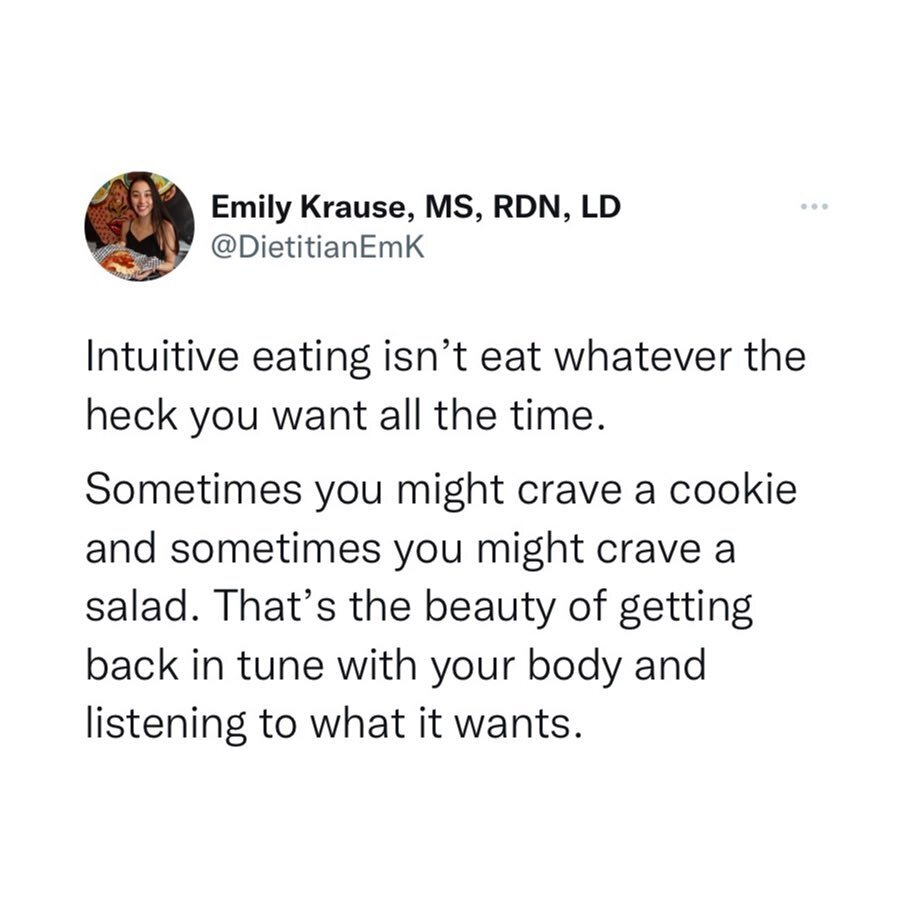 &ldquo;oH sO yOu JuSt TeLl PeOpLe To EaT sWeEtS aLl ThE tImE&rdquo; No. You&rsquo;re missing the point.

Intuitive eating is something that luckily more people are talking about, but there are still a lot of misunderstandings around it. ‼️

If your d