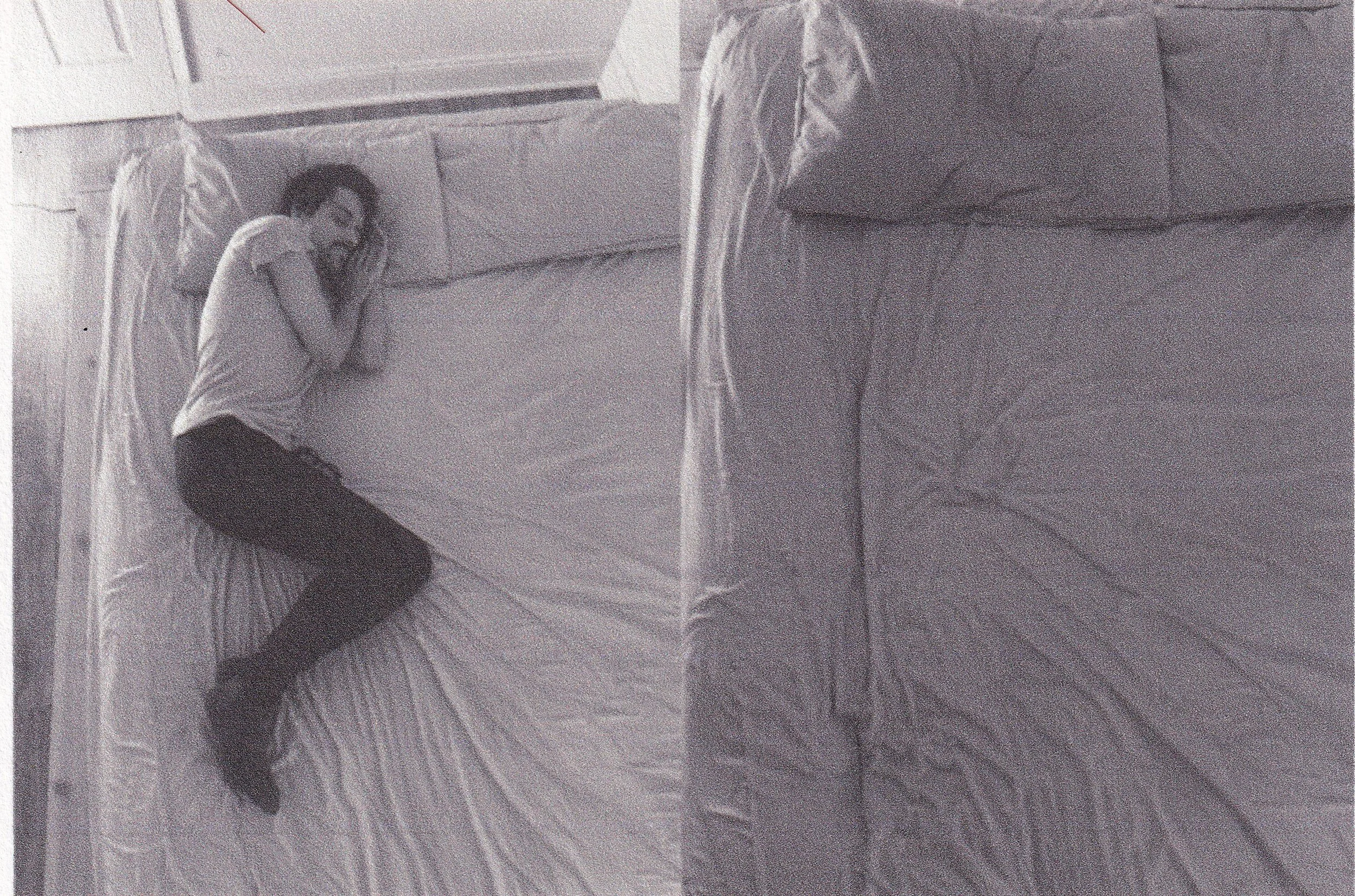 the bed is where a lot of mourning occurs / a needle countours
someone’s trace
with white thread /
is it archiving?
is it an attempt at
mourning repair?