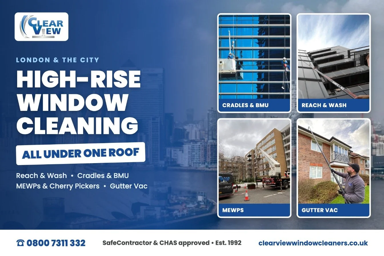 High-Rise Window Cleaning in London | Reach &amp; Wash, Cradles, MEWPs and Gutter Cleaning