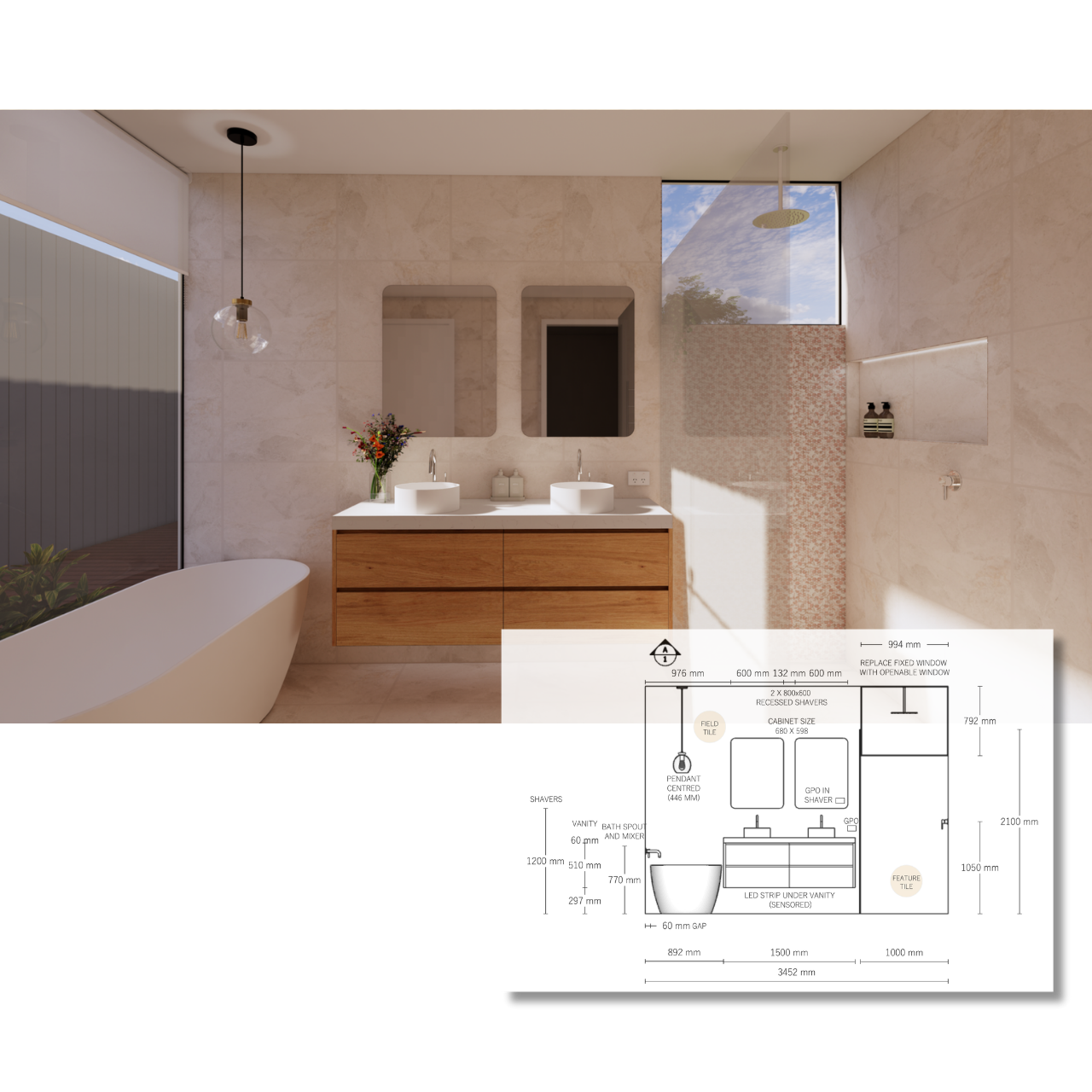 Modern bathroom with freestanding bathtub, wooden vanity with two vessel sinks, large window, and two mirrors above sinks. Contains a flower vase, soap dispensers, wall-mounted shower, and tiled walls with a decorative section.