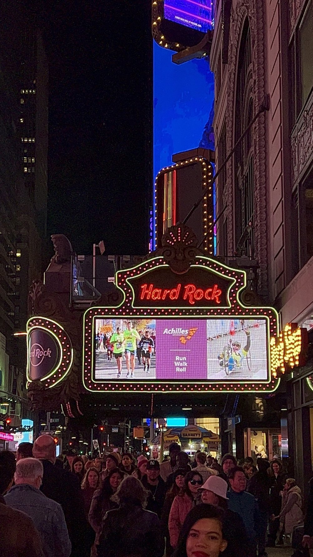  Achilles branded marquee outside of the Hard Rock Cafe in Times Square NYC 