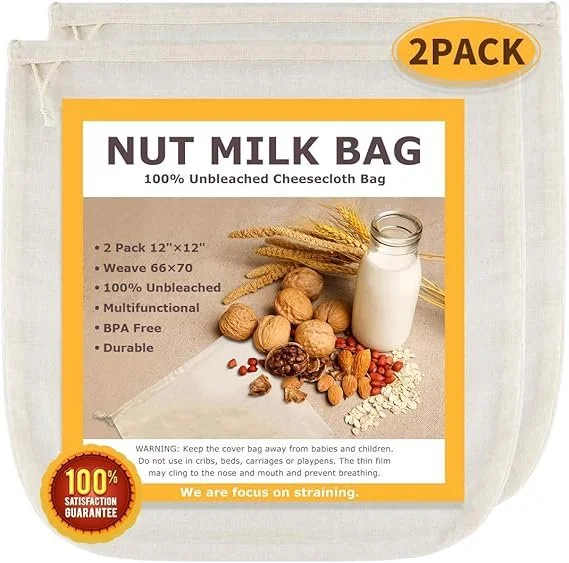 Nut Milk Bags, All Natural Cheesecloth Bags, 12"x12", 2 Pack, 100% Unbleached Cotton Cloth Bags