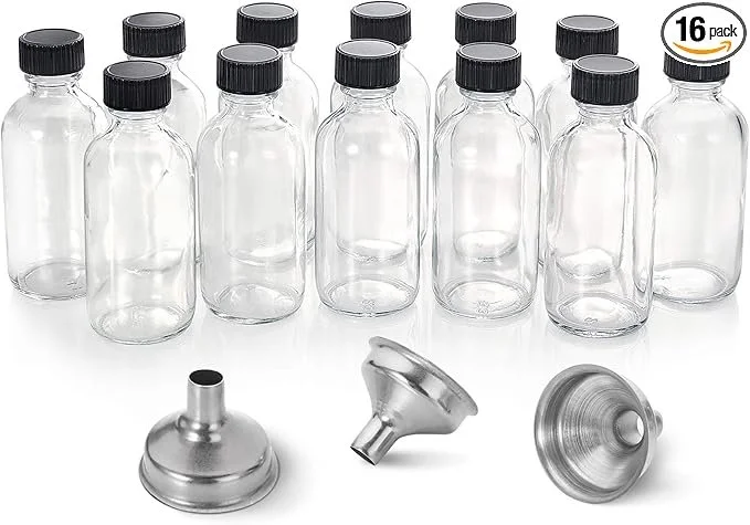 12 Pack, 2 oz Small Clear Glass Bottles w/ Lid & 3 Stainless Steel Funnels