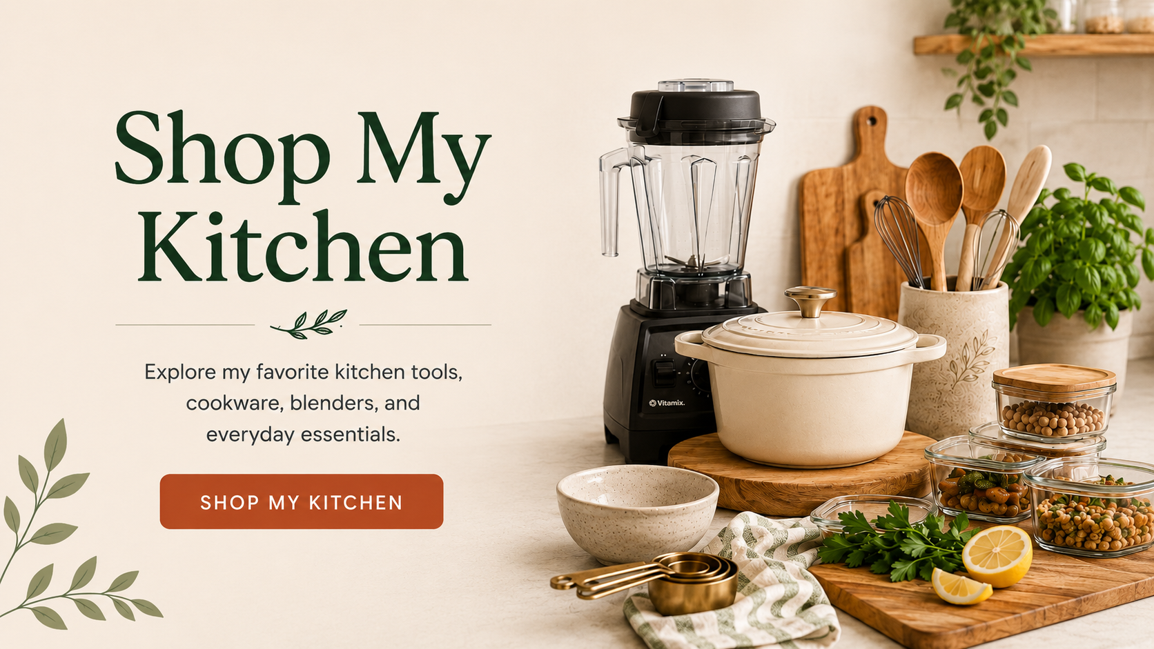 Promotion for shopping kitchen tools with various kitchen utensils, a blender, a teapot, bowls, fresh herbs, and lemons on a kitchen counter.