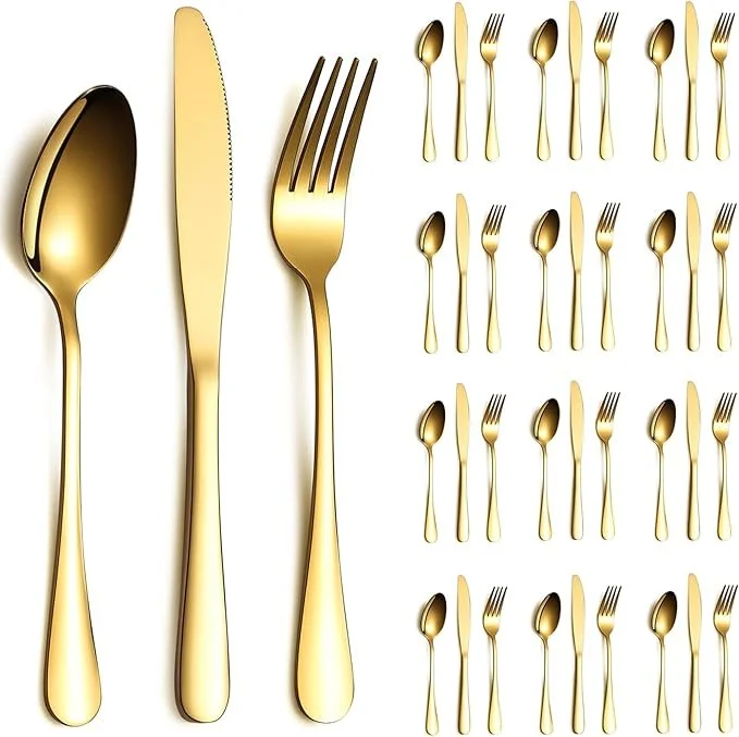 Gold Silverware Set 36 Pieces Service for 12, Stainless Steel Titanium Gold Flatware Set