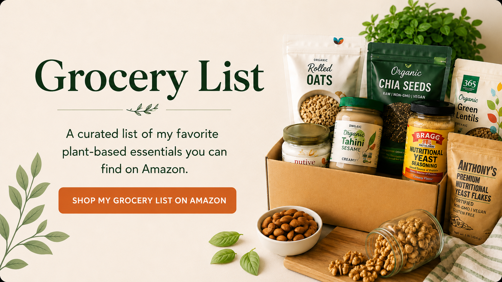 Grocery list webpage showing plant-based essentials like oats, seeds, lentils, yeast, tahini, and nuts, with a call-to-action button to shop on Amazon.