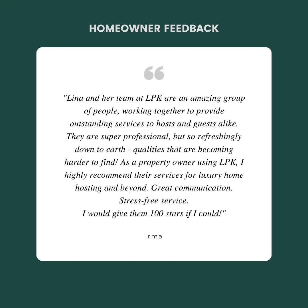 For the record, Irma did leave us a 5-star rating ⭐️
Which is the most that Google allows 😉

🌴 We get regular guest reviews, and as a small business built off a passion for hosting - it's reassuring to keep those 5-star guest ratings rolling in.
It
