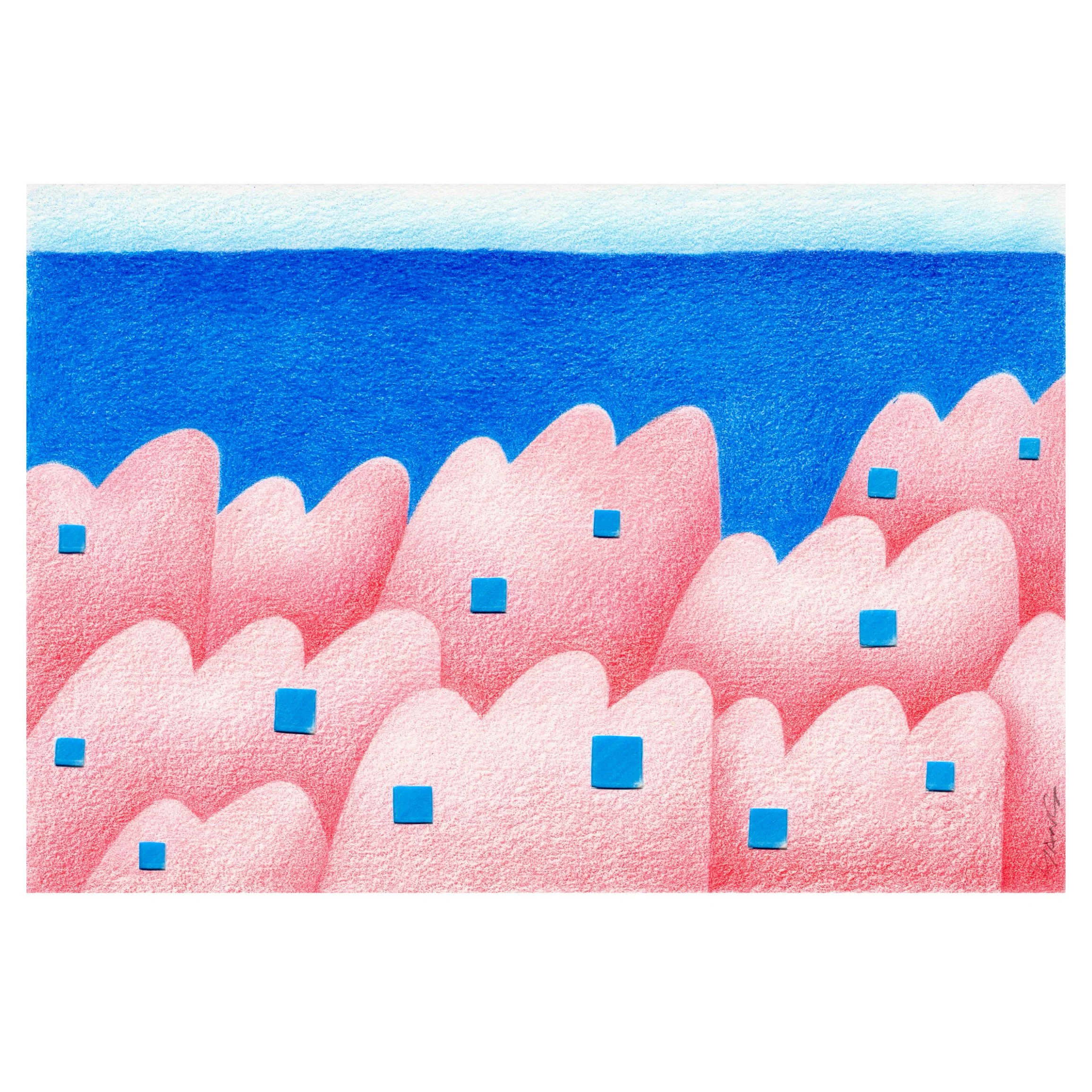 Lake view east, 2025
Kailun Yang
5.5 x 8.5 in, 11 x 14 in (framed)
Colored pencil, and soft pastel on paper, cut out and collage