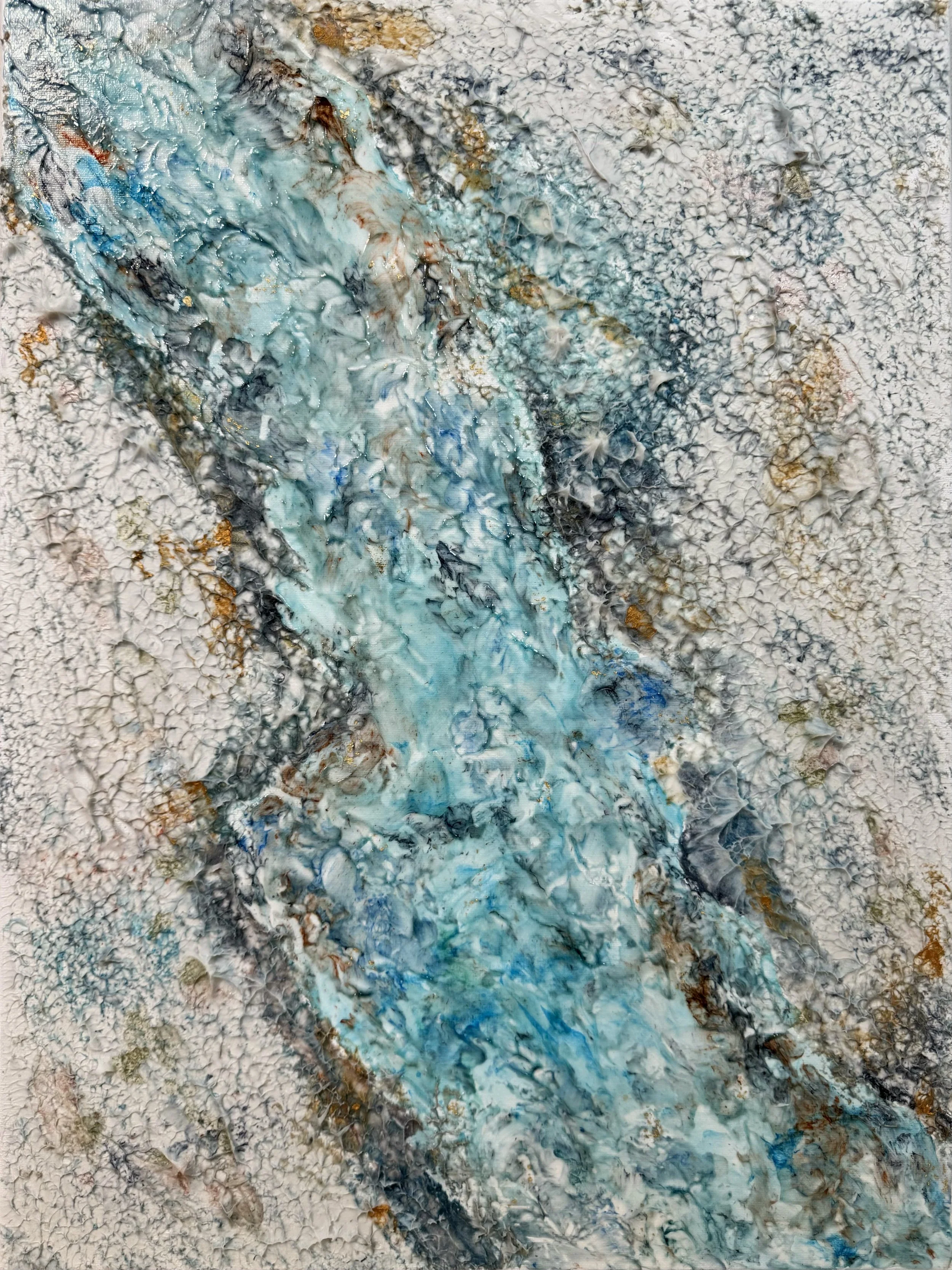 "Ephemeral Clarity: A Peak into the Abyss" is an abstract textured artwork with flowing blue and white forms, accented by brown, black, and gold. Evoking a shifting waterscape, it reflects fleeting clarity rising from the depths of existence.