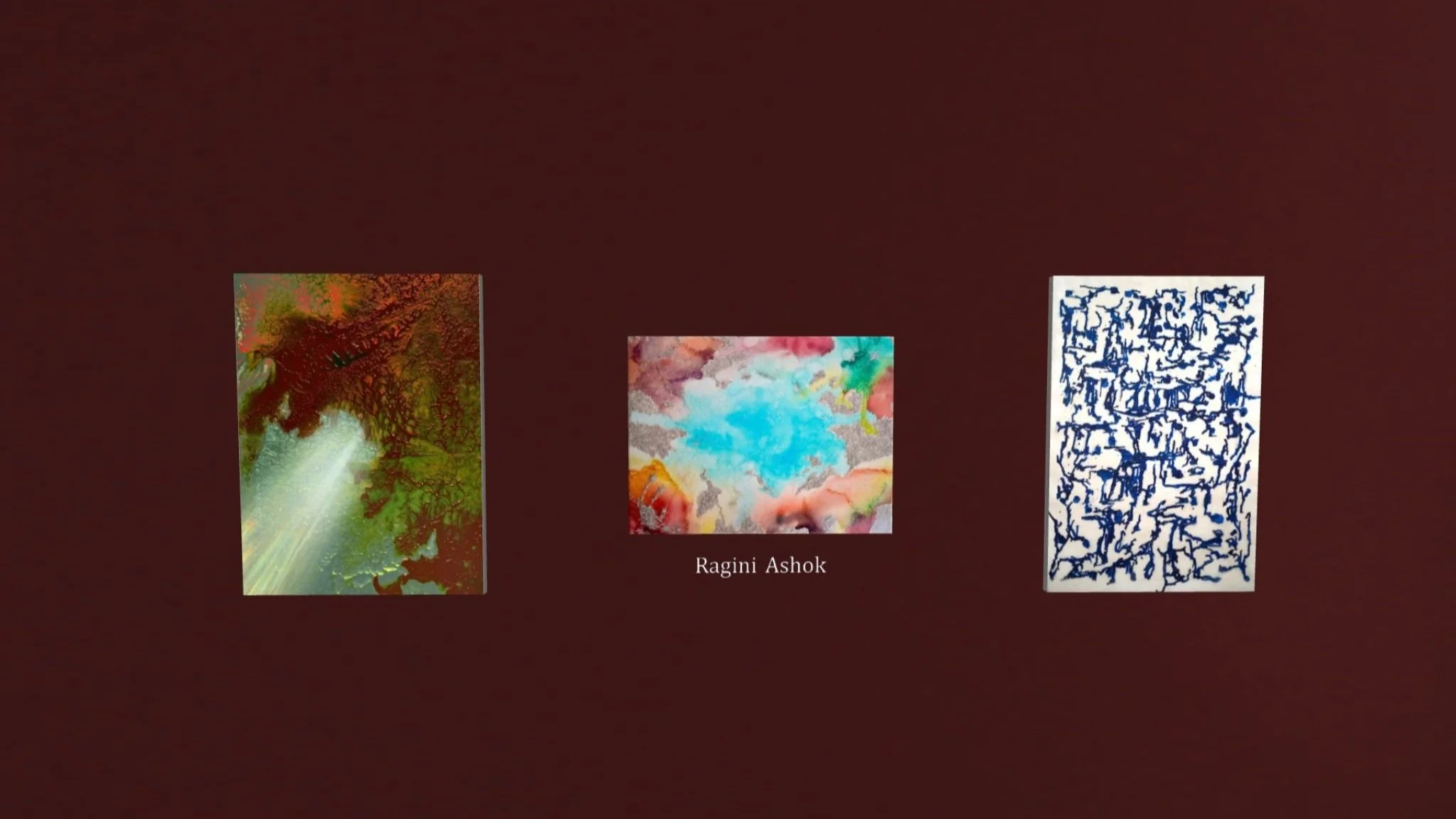 Three abstract art pieces displayed side by side on a dark background, titled by the middle artwork as 'Ragini Ashok'.