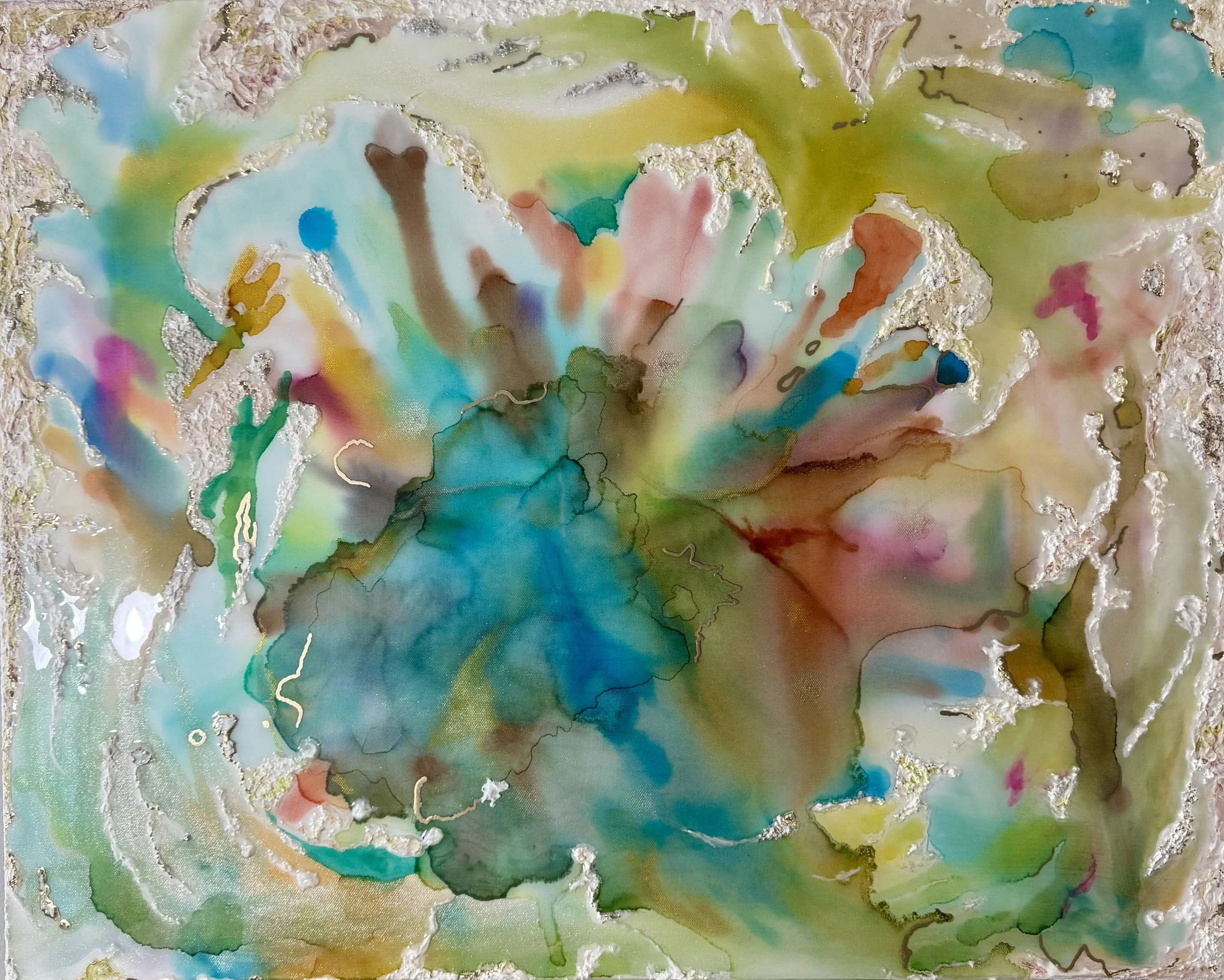 Abstract watercolor painting with swirling colors of blue, green, pink, brown, and gold hues blending together.