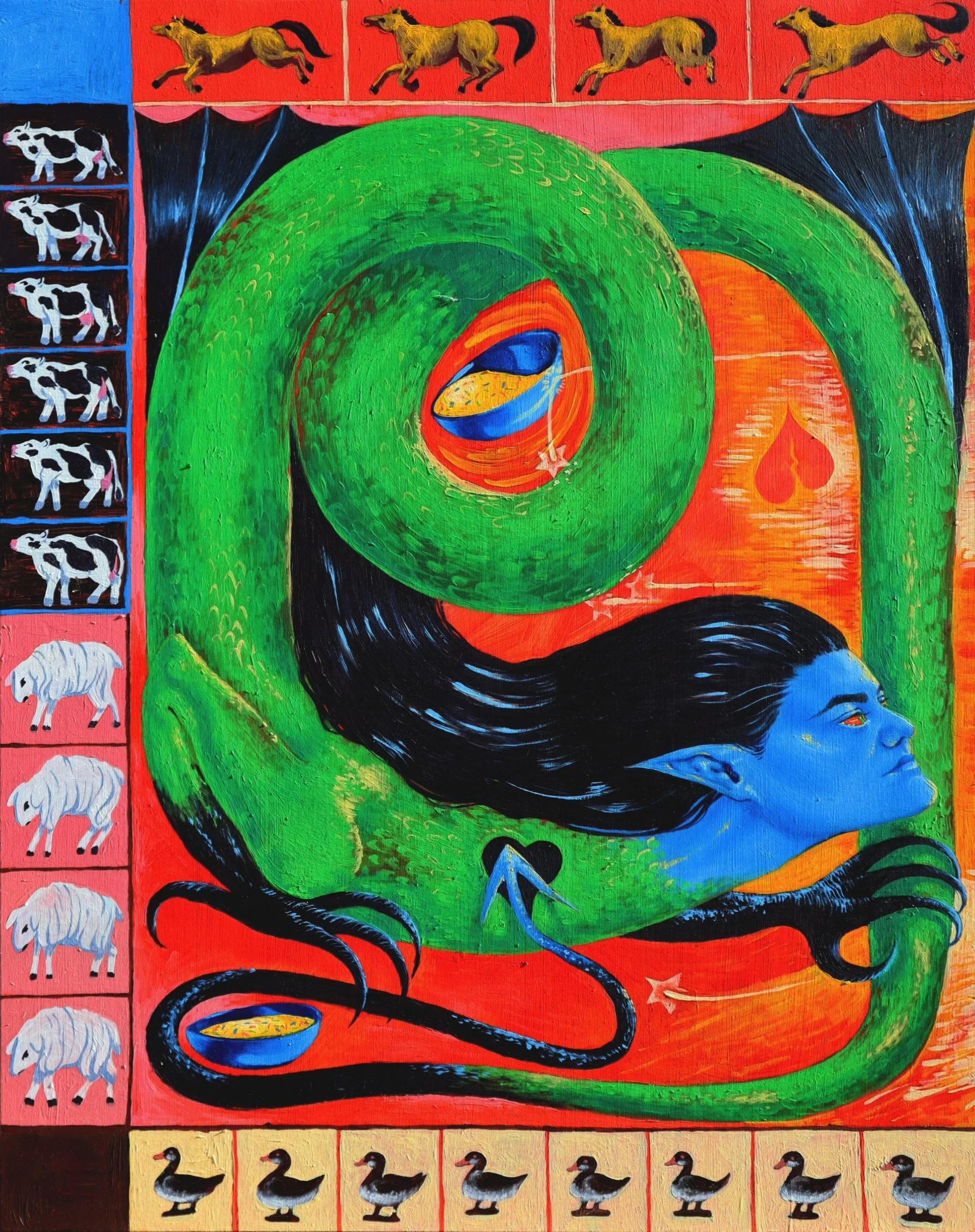 "All my ducks, sheep, cows, horses, rabbits, goats, pigs, and raptors in a row" (Panel 1), 2026, oil on board, 50.8cm x 40.6cm x 2.5cm