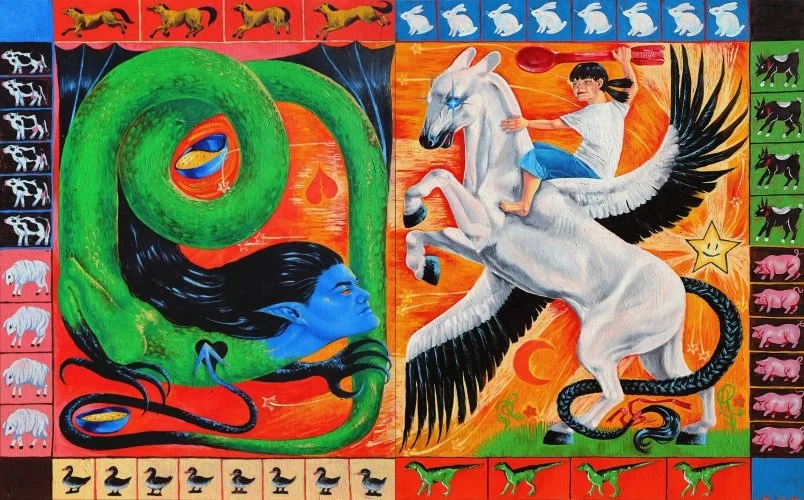 "All my ducks, sheep, cows, horses, rabbits, goats, pigs, and raptors in a row" (Diptych), 2026, oil on board, 50.8cm x 81.2cm x 2.5cm