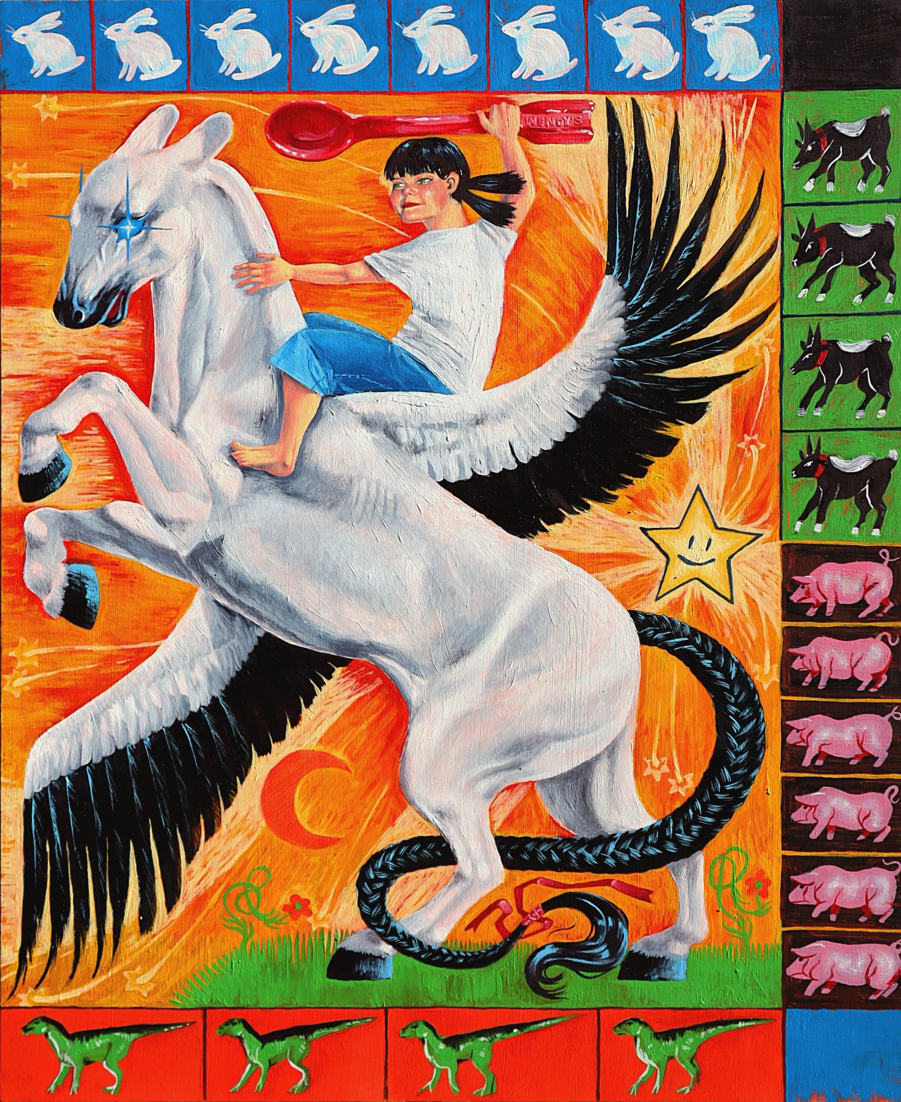 "All my ducks, sheep, cows, horses, rabbits, goats, pigs, and raptors in a row" (Panel 2), 2026, oil on board, 50.8cm x 40.6cm x 2.5cm