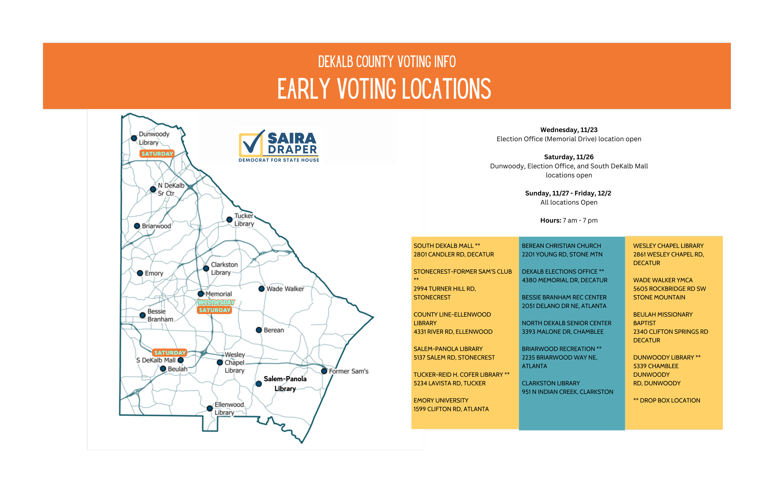 Early Vote Locations DeKalb County — Saira Draper for House