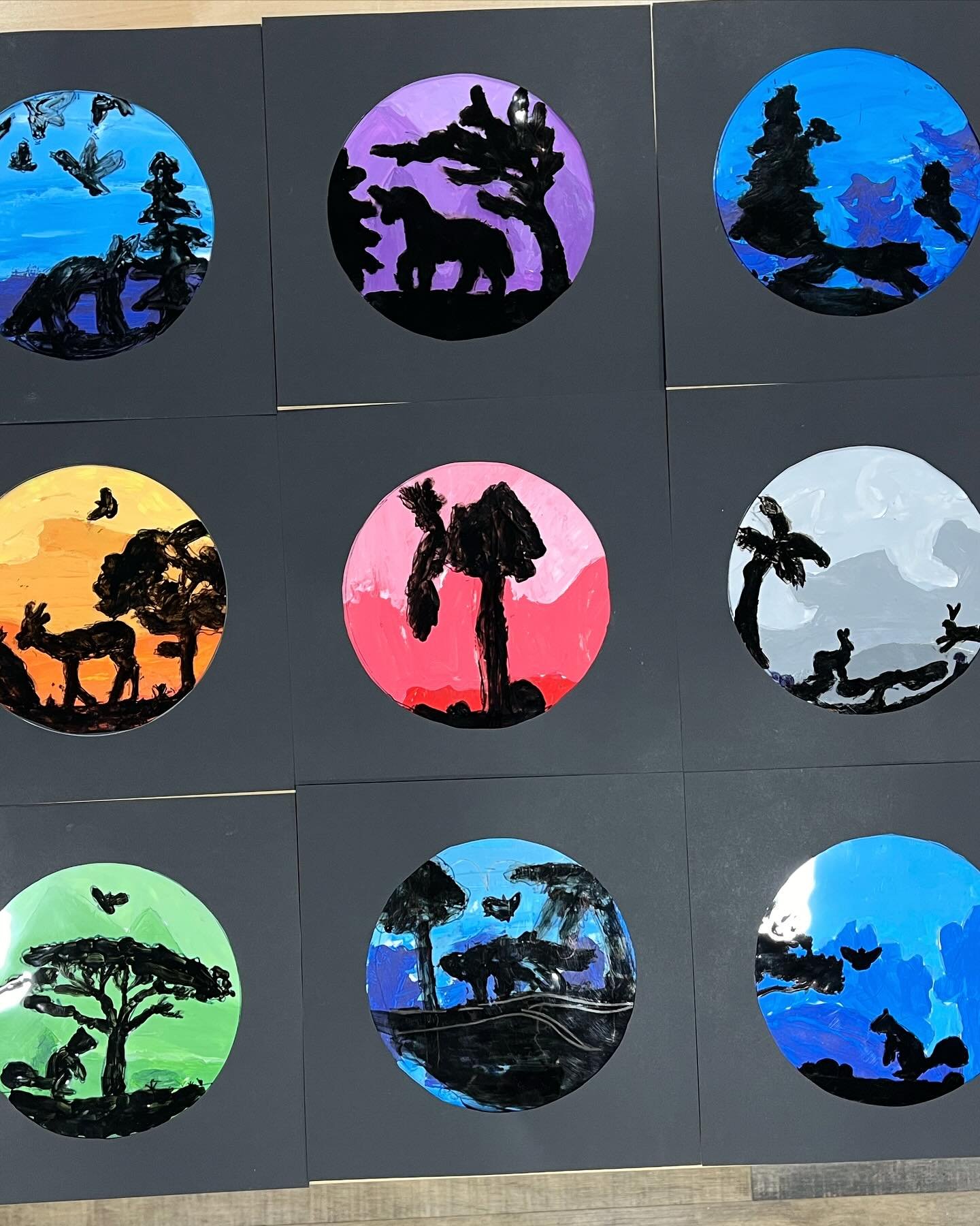 &ldquo;Into the Wild&rdquo; Windows! 🌒 A nice solar eclipse day to show some silhouette paintings from last week&rsquo;s Spring Break Art Camp! Campers chose a wild animal to paint with foliage &amp; habitat elements on clear acetate, as a black sil