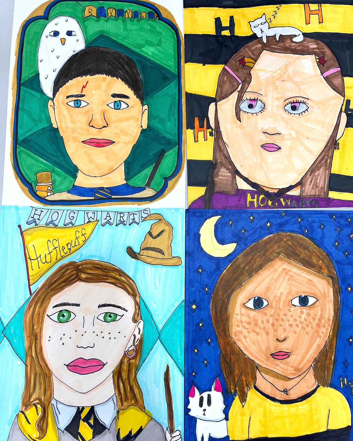 Hogwarts Self-Portraits from Spring Break Art Camp &ldquo;Based on Books!&rdquo; 🪄 For this drawing project, Art Campers ages 7-12 designed their own wizarding portrait, learning about realistic proportions of the face, and then adding a Harry Potte