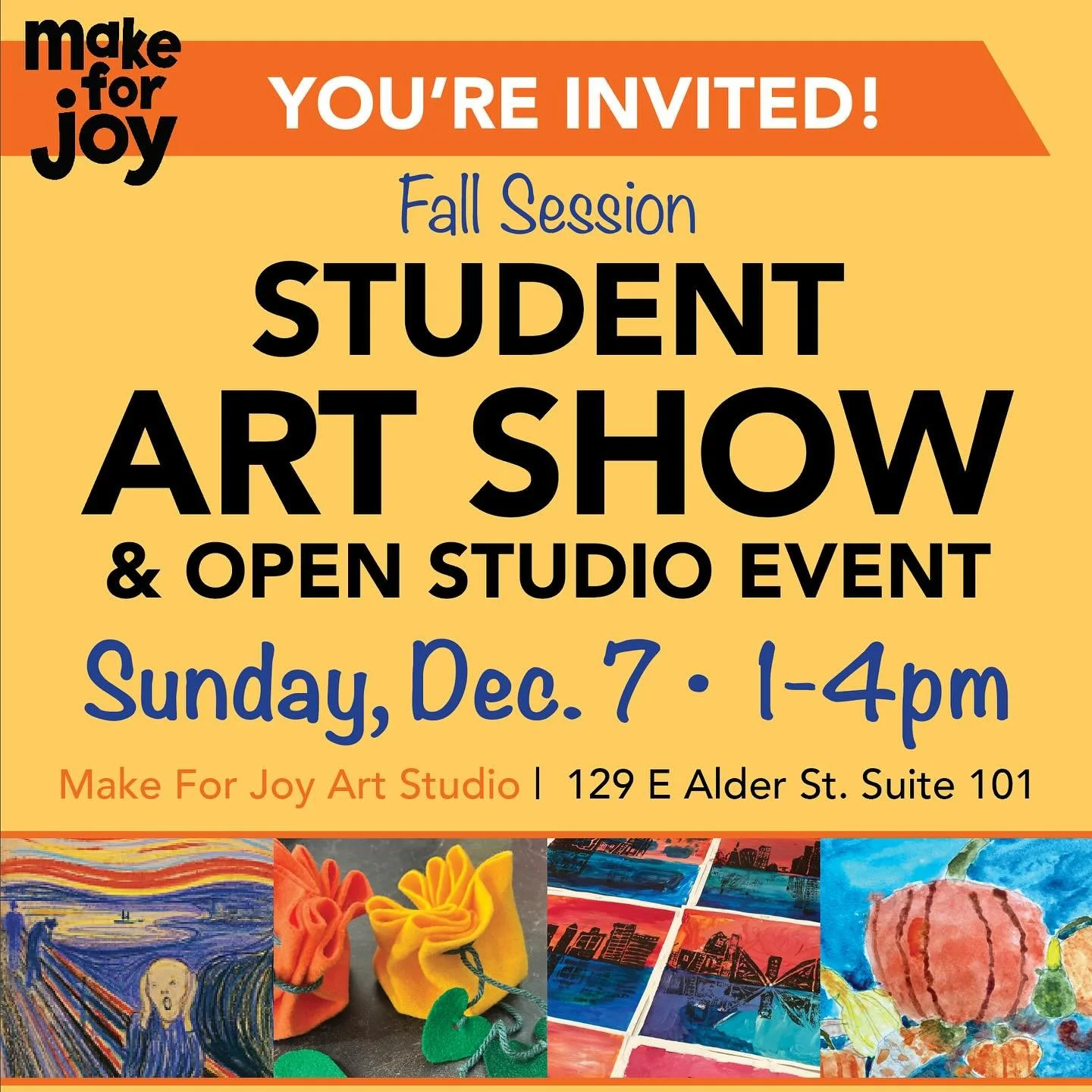 🍂Sunday, Dec. 7: Fall Session Art Show!🍁 We are delighted to invite you to celebrate our students &amp; their artwork at the Fall 2025 Student Art Show! Enjoy refreshments, chat with the instructors and other students &amp; families, and view 2D &a
