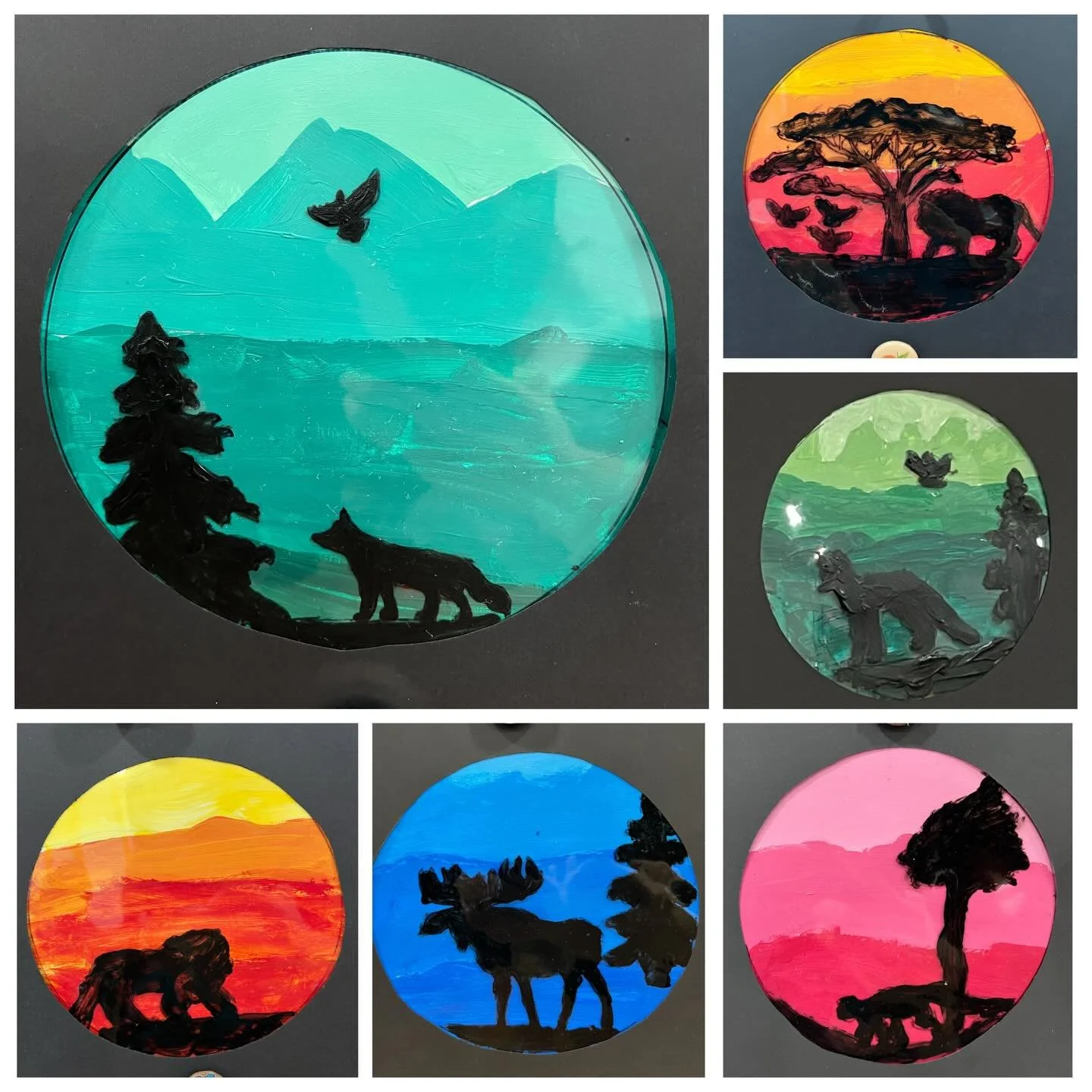 &ldquo;Silhouettes&rdquo; Art Camp today, campers used the MLK Day holiday to create these animal portrait windows! They painted a monochromatic landscape background with acrylic by mixing tints of a single color, and painted their animal &amp; foreg