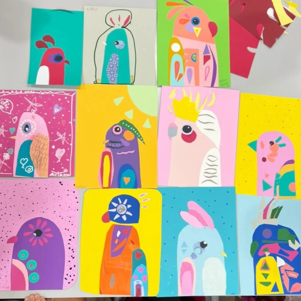 Pete Cromer birds in paper art! 😎 @petecromer, you&rsquo;re our favorite!!!! Always a hit, so inspiring and such a FUN and visually stunning style you&rsquo;ve created!! Our Art Club kids got really into it, and we love the resulting flock. 🦜🐦✂️ 
