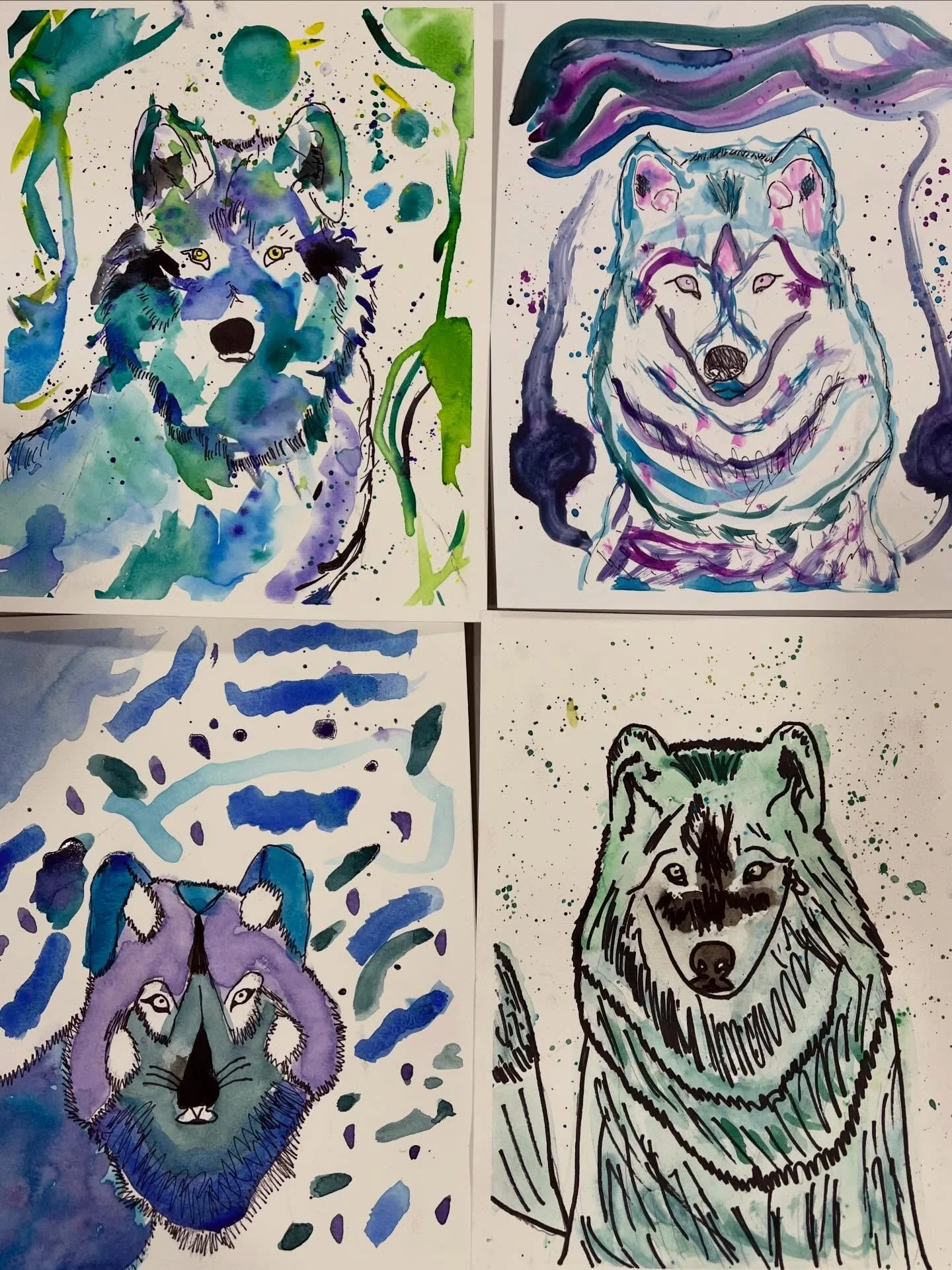 Abstract//Expressionism: Wolves and Arctic Foxes! Students learned about the use of abstract color and line to express themselves in their work, adding painty patches, streaks, speckles and splatters to their portrait with watercolors.