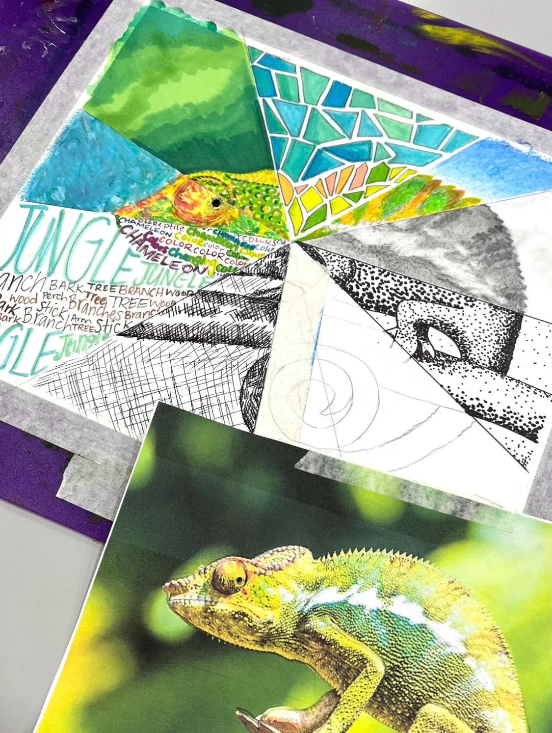 Register Now to join Studio Art Drawing class, for ages 10-14! Link in Bio. Students are working on their Fragmented Animal Portraits using mixed 2D media: a different art material in each section or &ldquo;fragment&rdquo;! So far, there is pen hatch